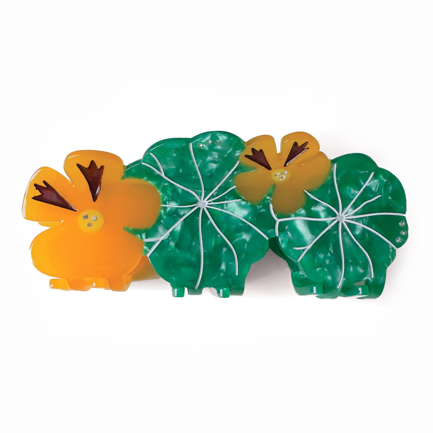 Nasturtium hair claw with beautiful vibrant green and neon orange flowers for a floral look 