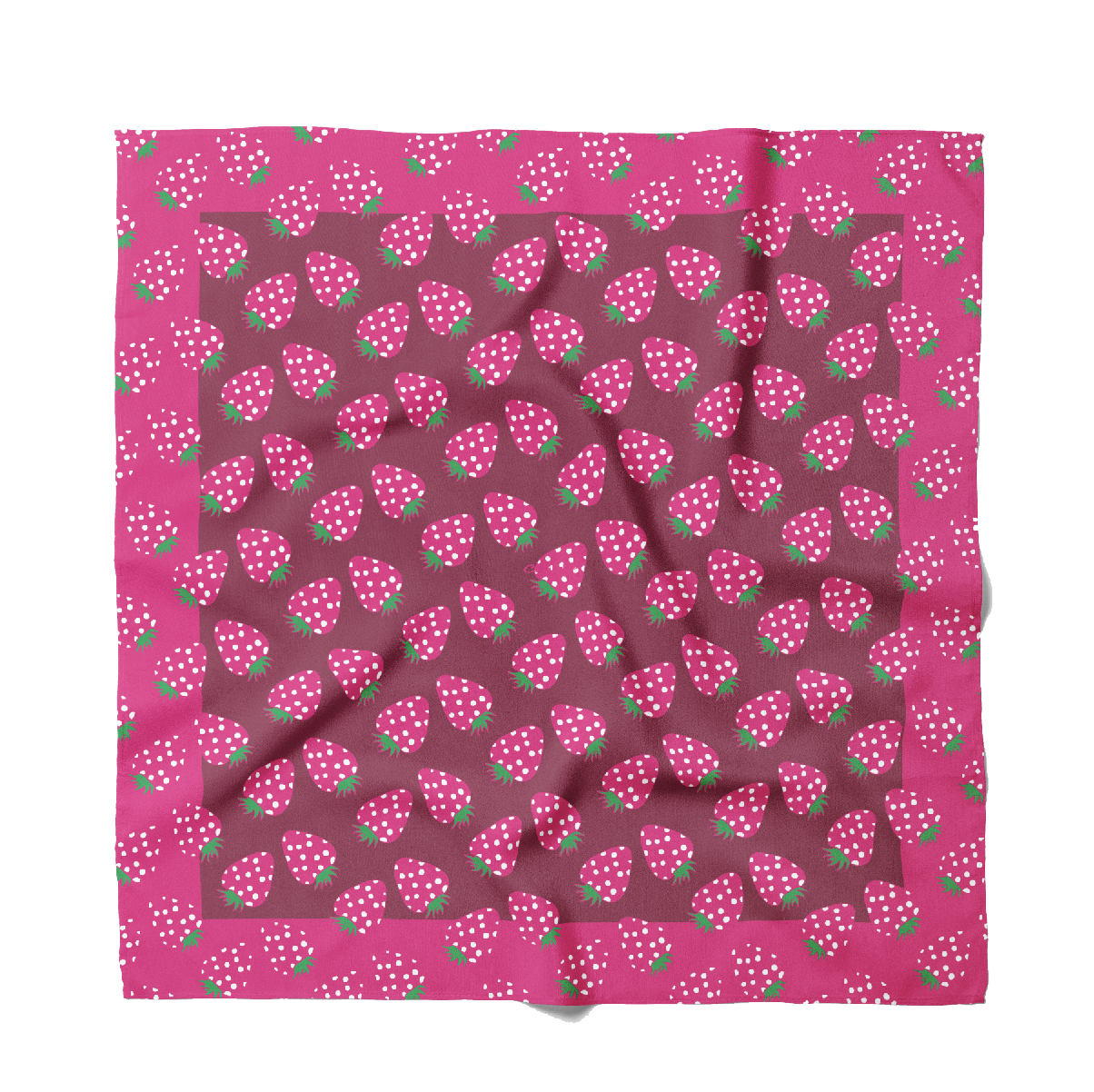 A pink and green bandana with strawberries on it.