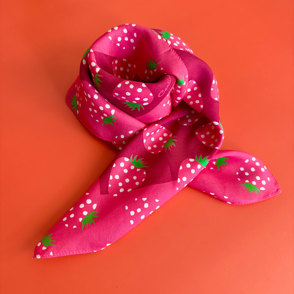 Neon strawberries cotton silk bandana on hot pink and burgundy with polka dots