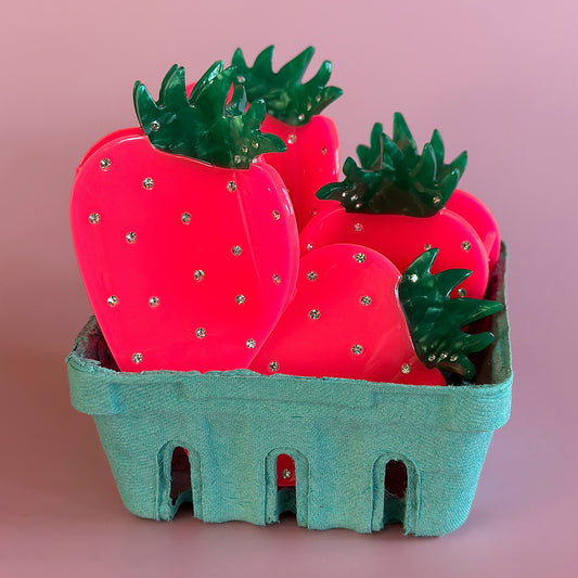 Neon strawberry hair claw in hot pink and green with crystals on basket