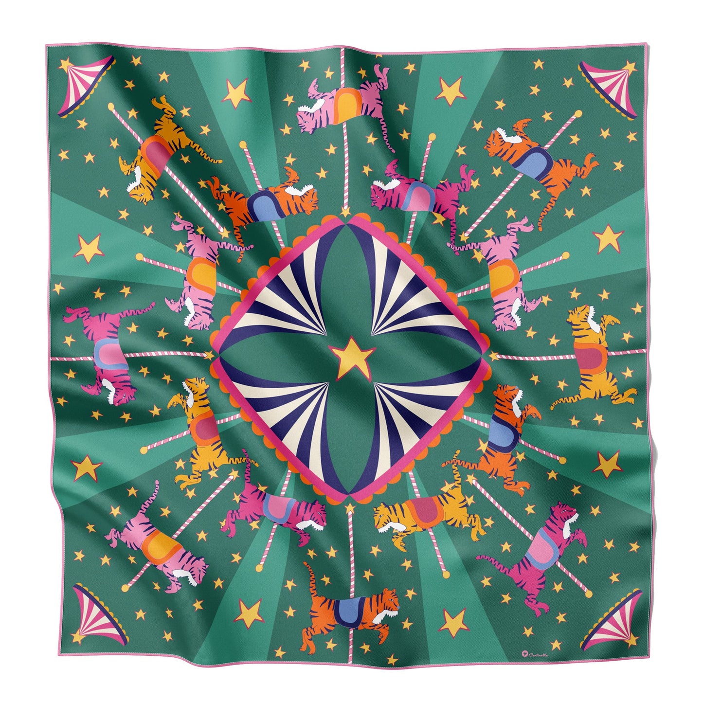 Green silk scarf with stars and tiger carousel.