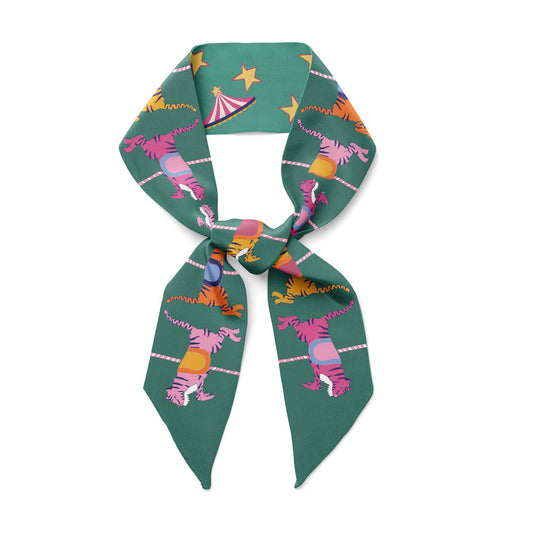 Green silk twill scarf with pink and orange tigers.