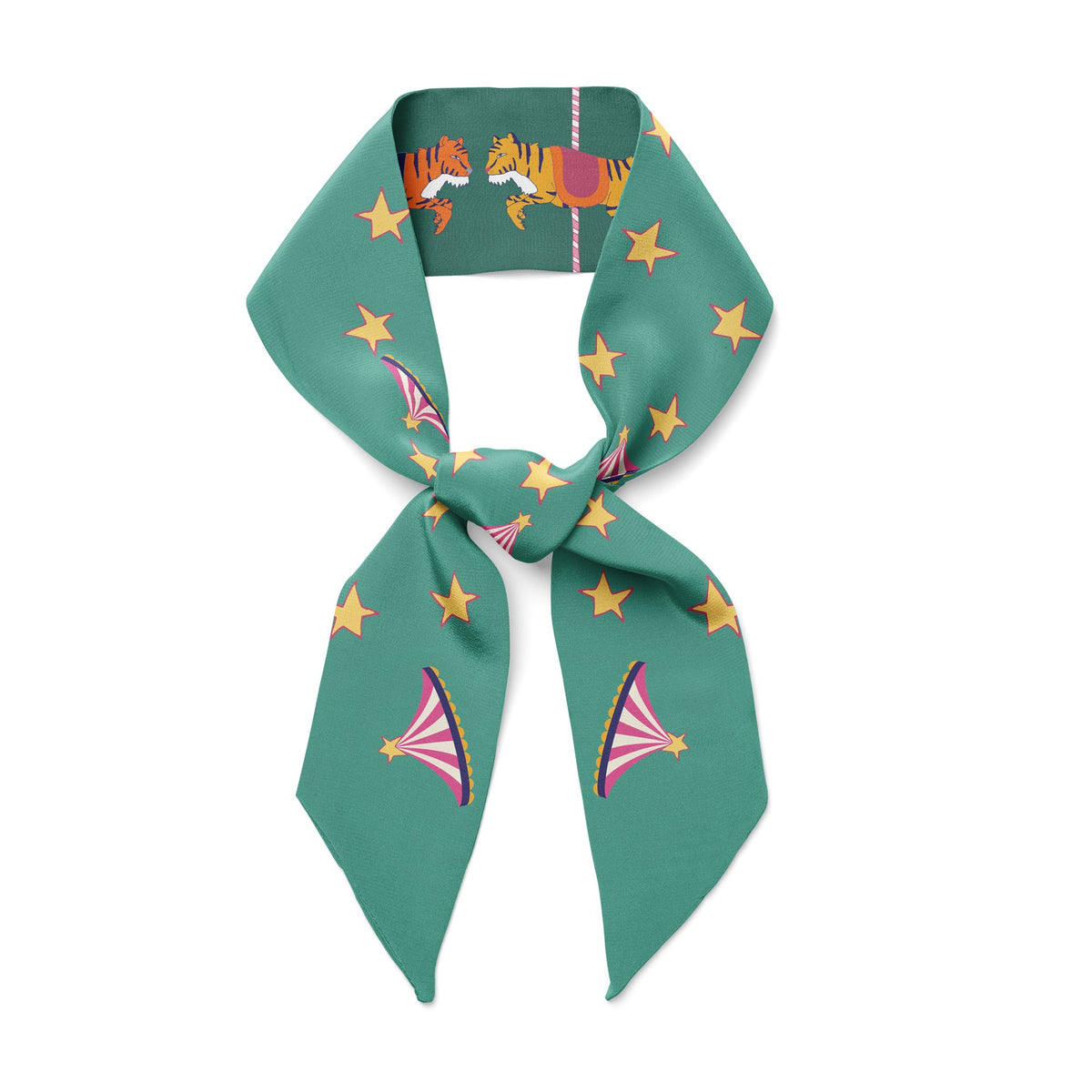Tigers and stars on twill silk scarf.