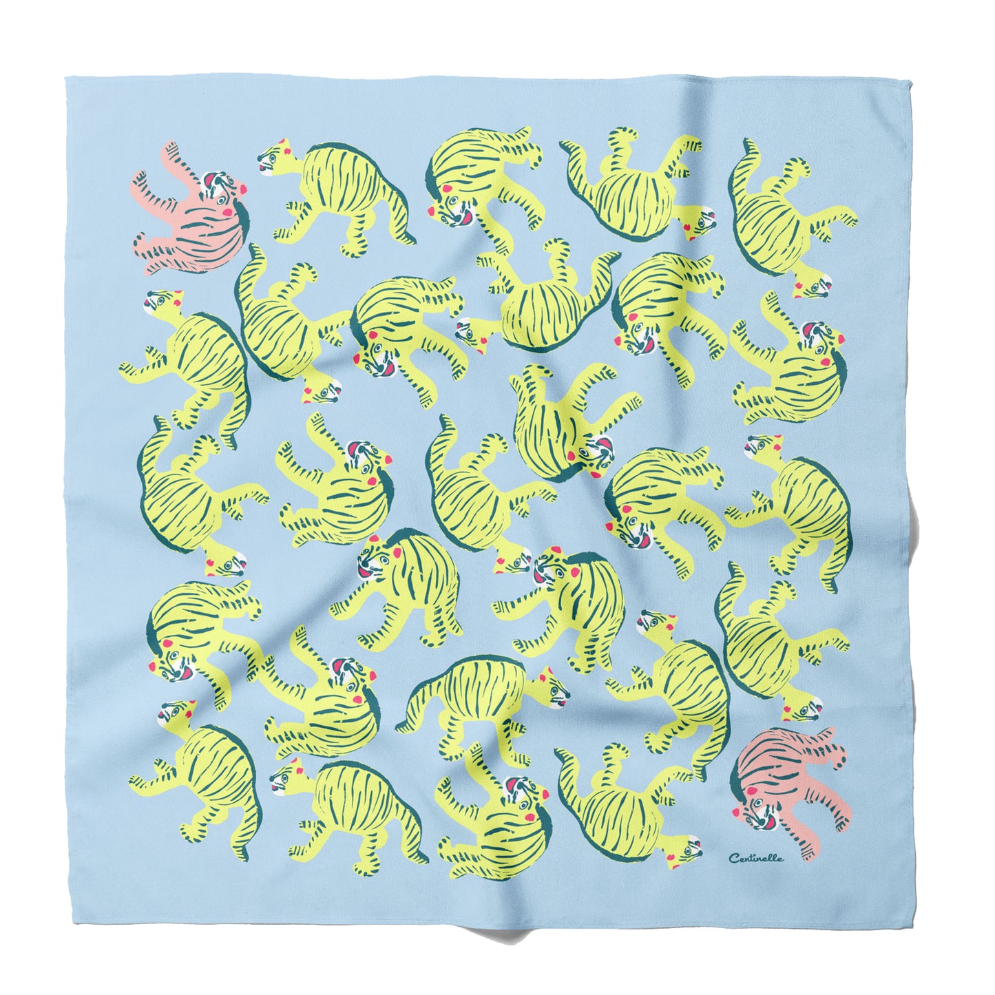 A blue bandana with yellow and green tigers on it.