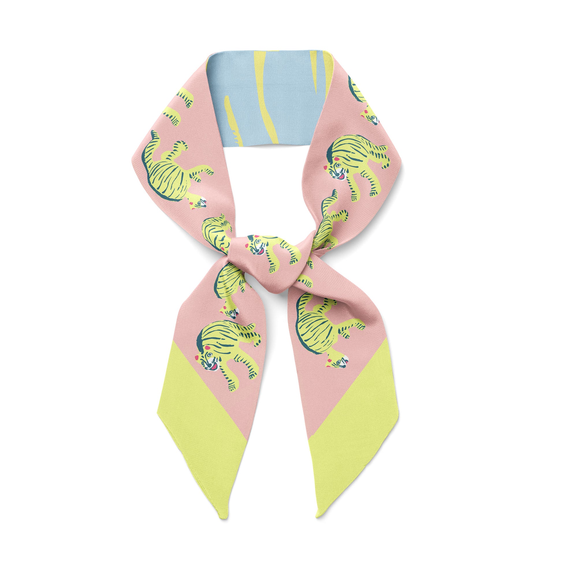 Tied twill silk scarf with yellow tigers.