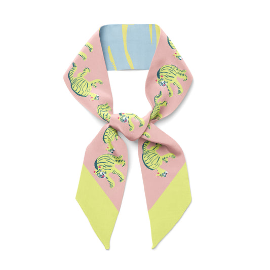 Tied twilly bow ribbon silk scarf pink and blue with yellow tigers.