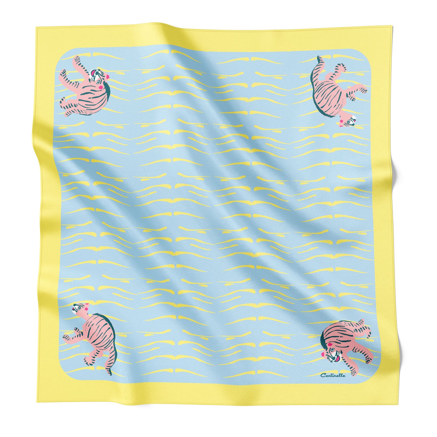 Pink tigers on a blue silk scarf with yellow border.