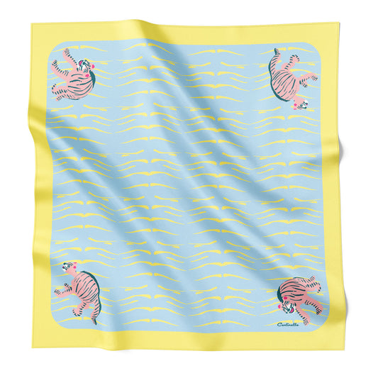 Pink tigers on a blue bandana with yellow border.