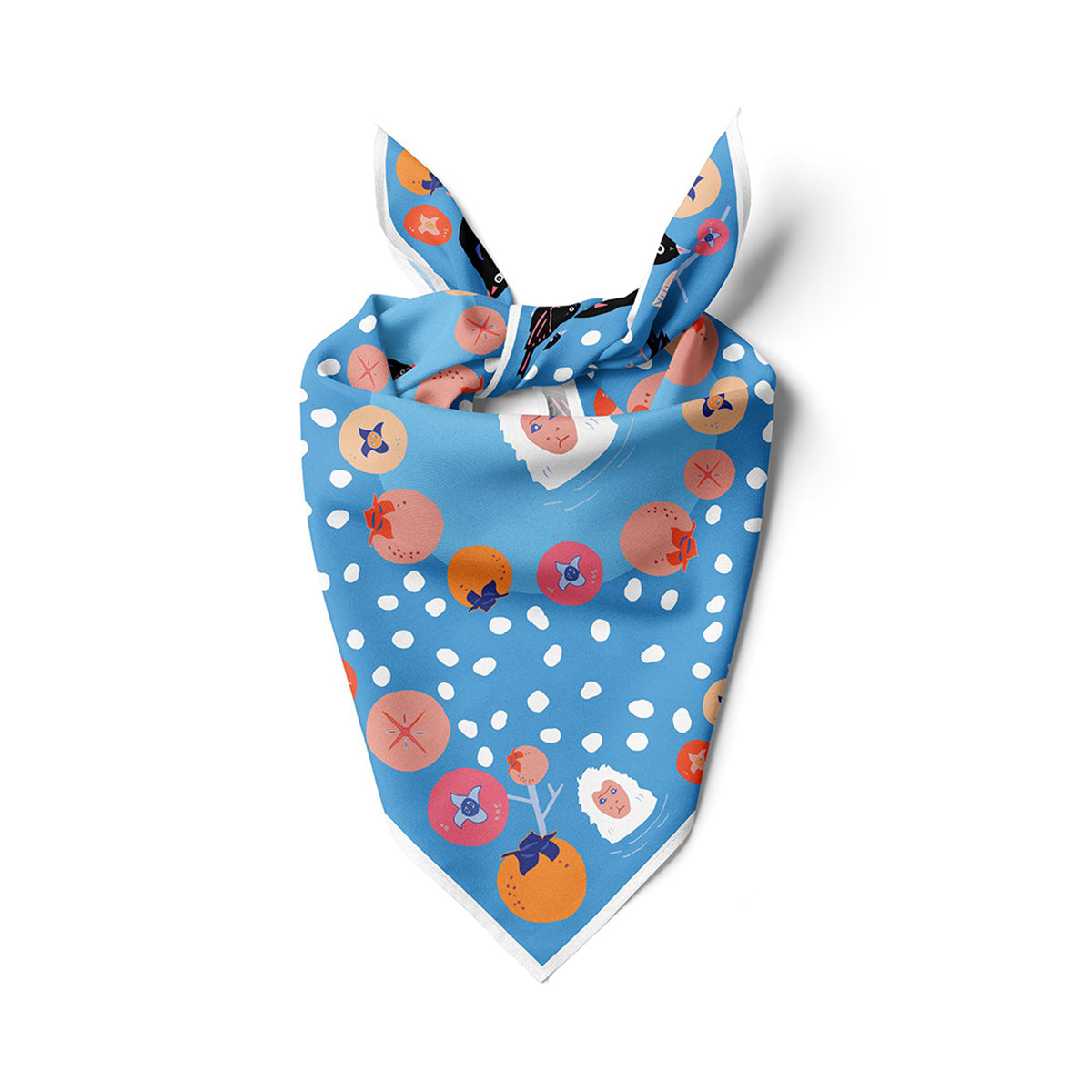 Blue tied cotton silk bandana with snow monkeys and permissions.