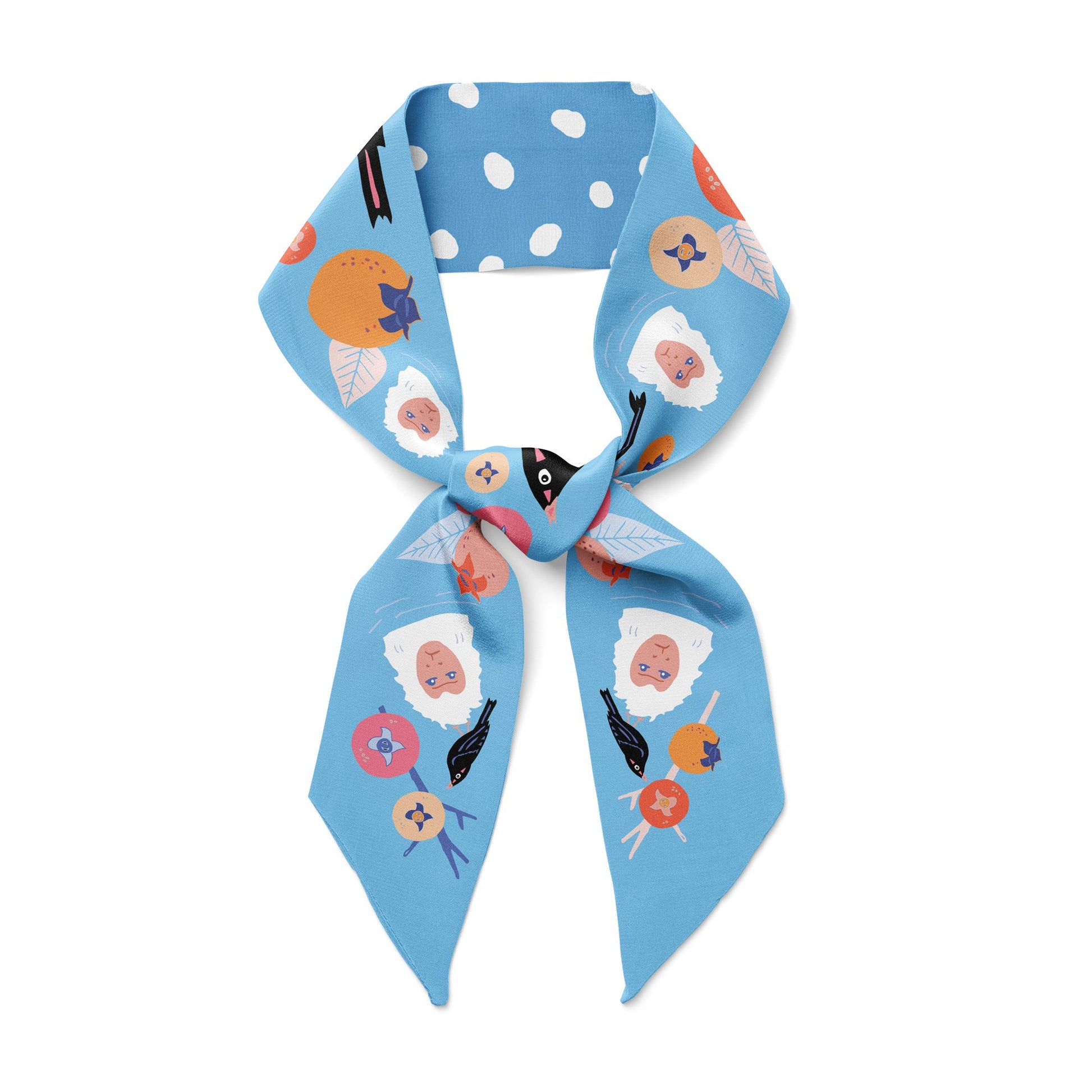 Blue silk twill scarf with monkeys and persimmons.  