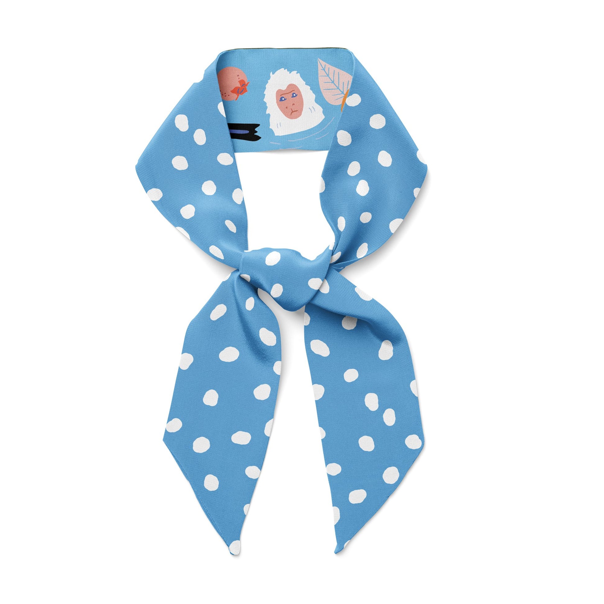 Silk twill scarf with white polka dots and monkey.