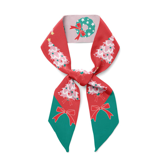 Pink Christmas Tree  ribbon twilly scarf with Twinkly lights and frosting decorations are just right to get festive this holiday christmas