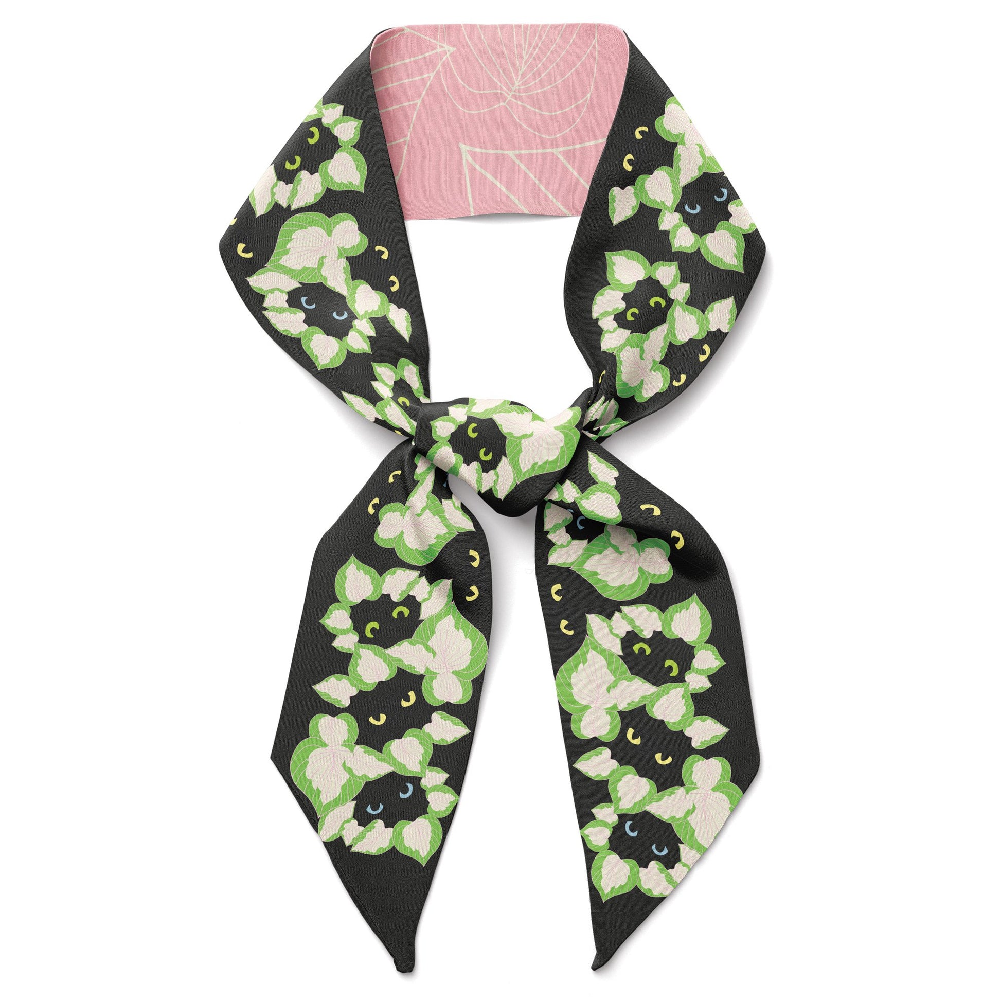 Silk twill scarf with black cats and and plants.