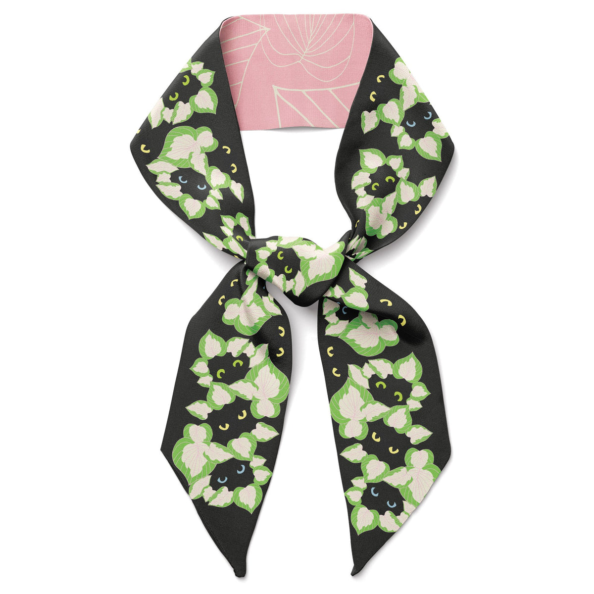 Silk twilly bow ribbon silk scarf with black cats and and plants.