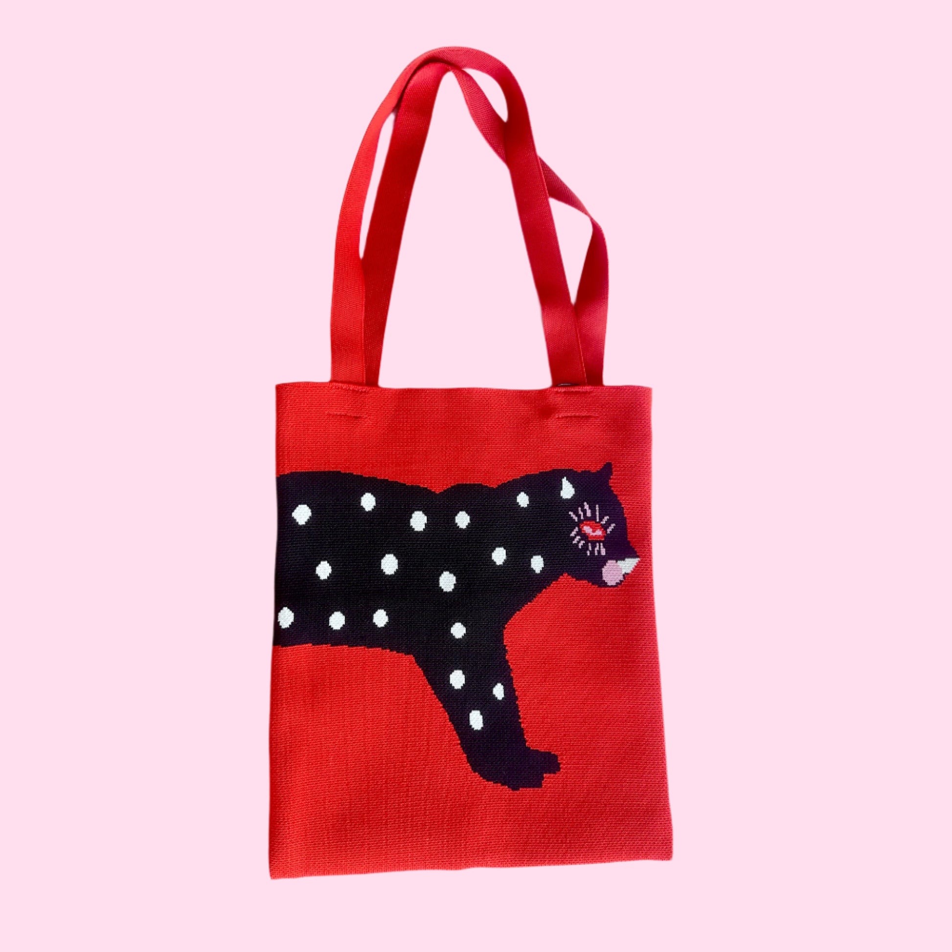 Beautiful polka cat tote bag knitted red pink and white black cat