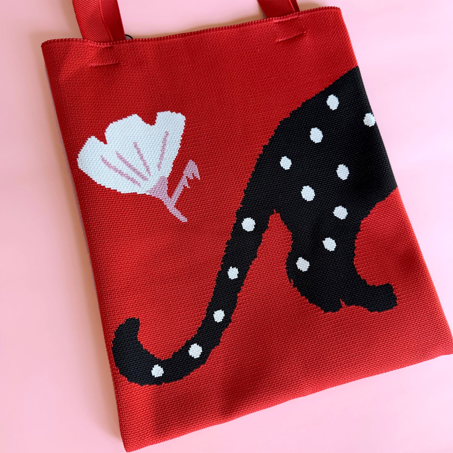 Beautiful polka cat tote bag knitted red pink and white black cat