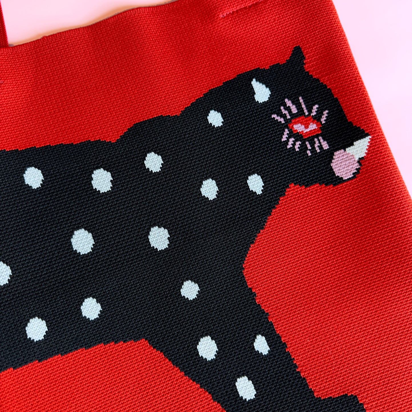 Beautiful polka cat tote bag knitted red pink and white black cat