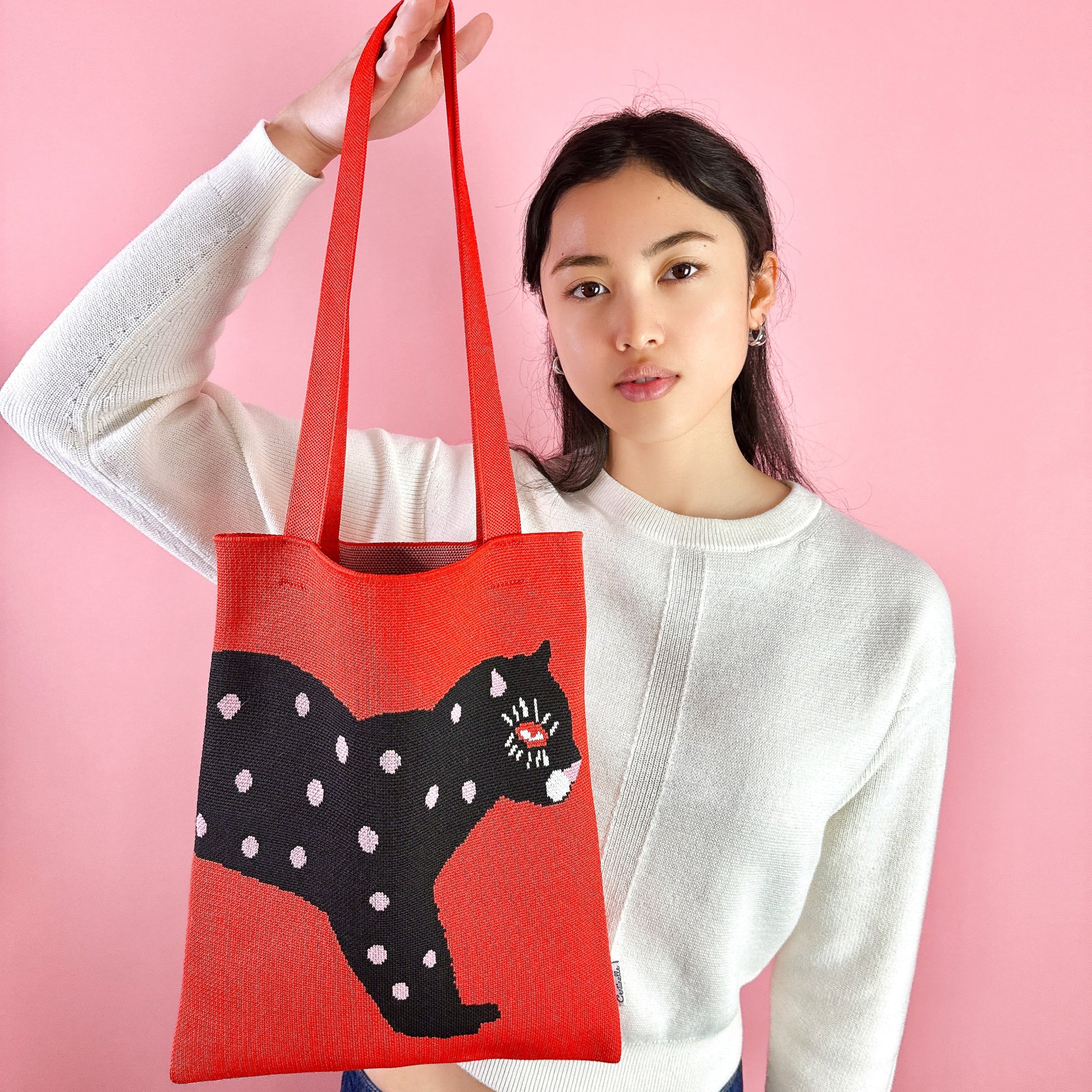 Beautiful polka cat tote bag knitted red pink and white black cat