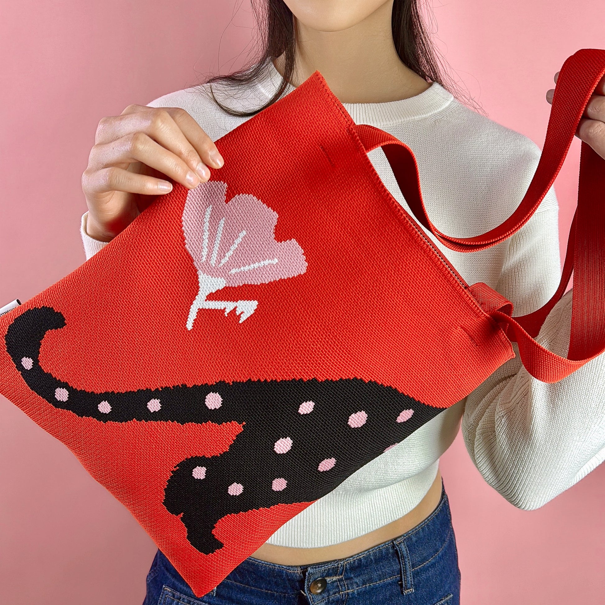 Beautiful polka cat tote bag knitted red pink and white black cat