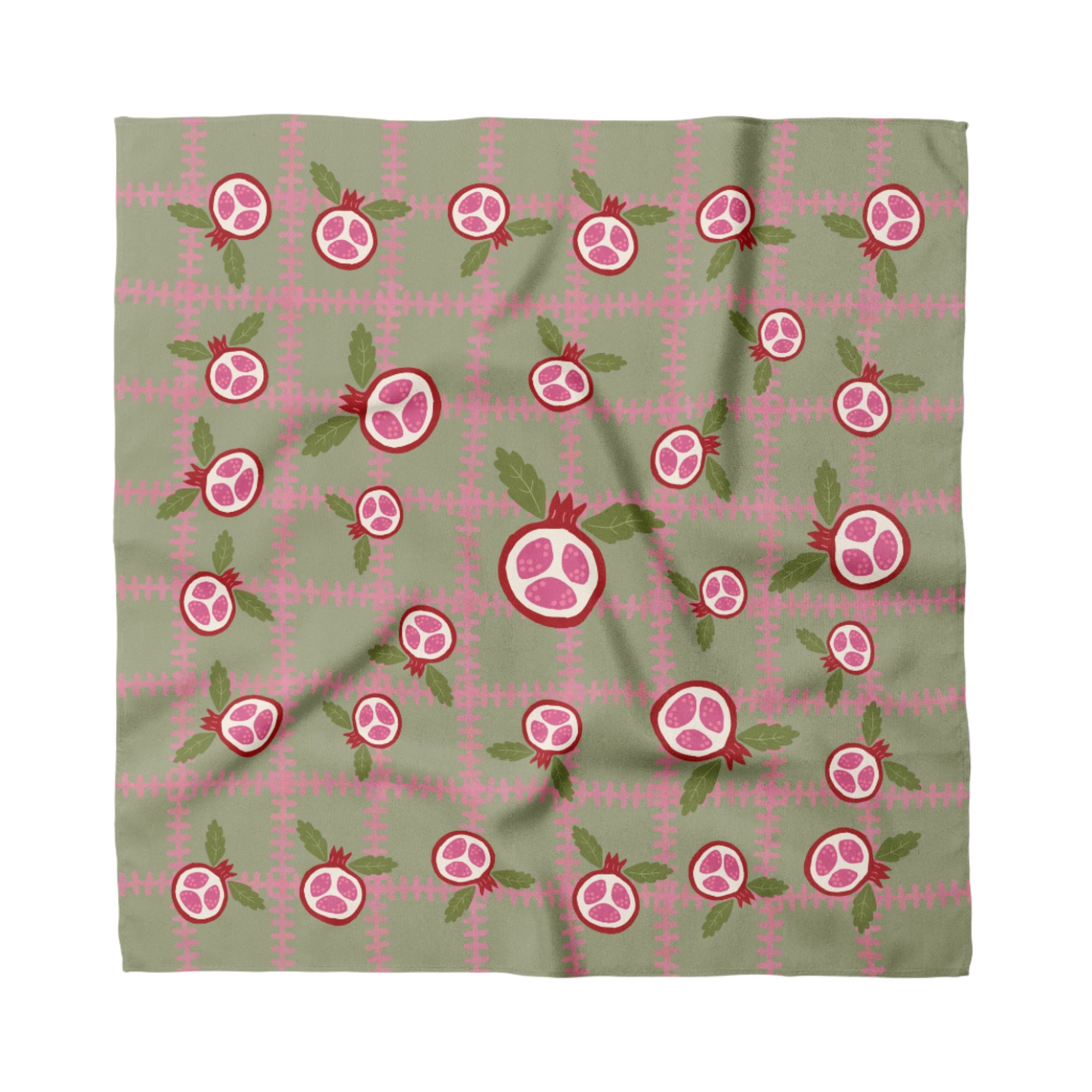 Fabric with pink pomegranate pattern on a green checkered background