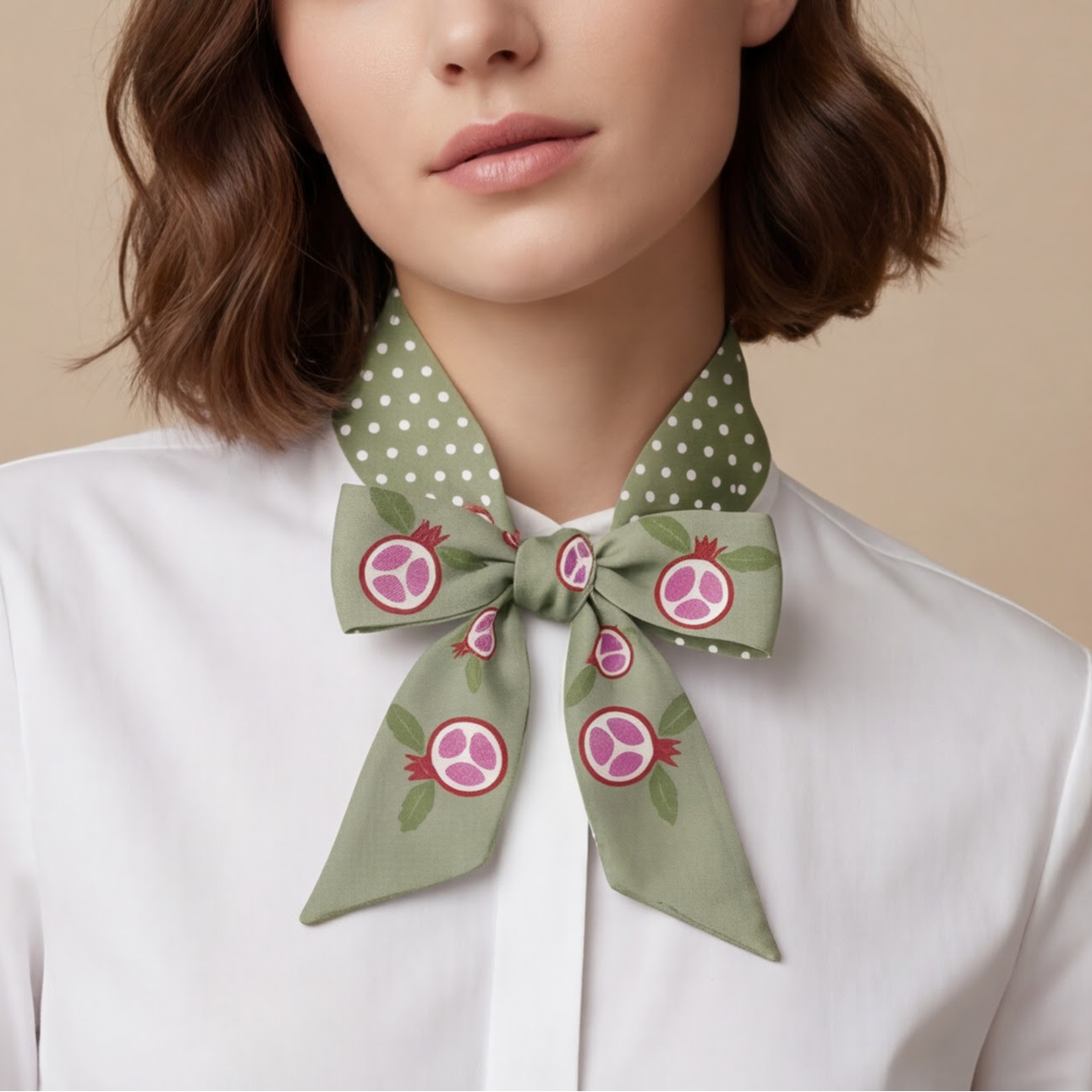 Woman wearing a green polka dot scarf with pink pomegranate patterns on a beige background