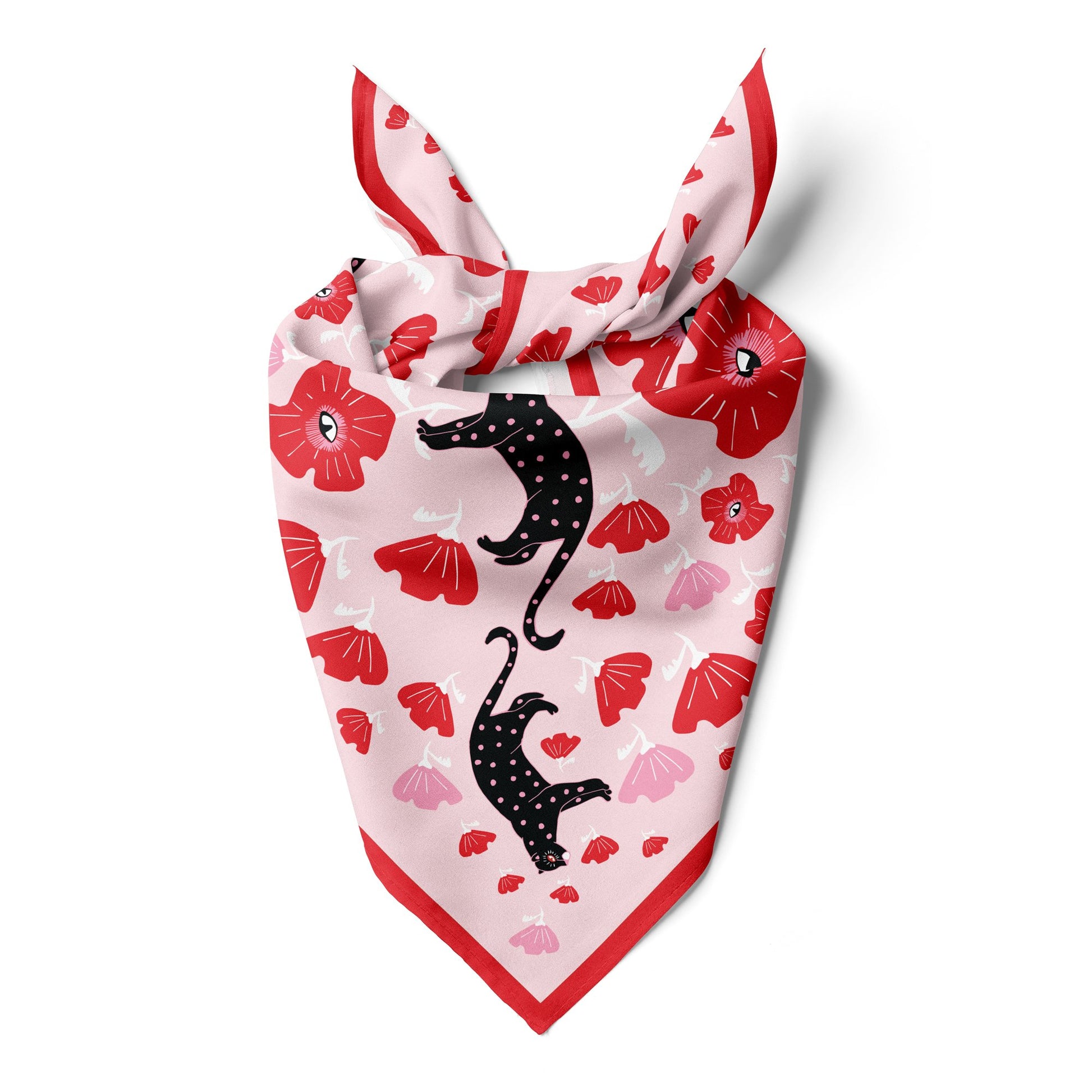 A tied cotton silk blend  bandana with cats and red poppies.