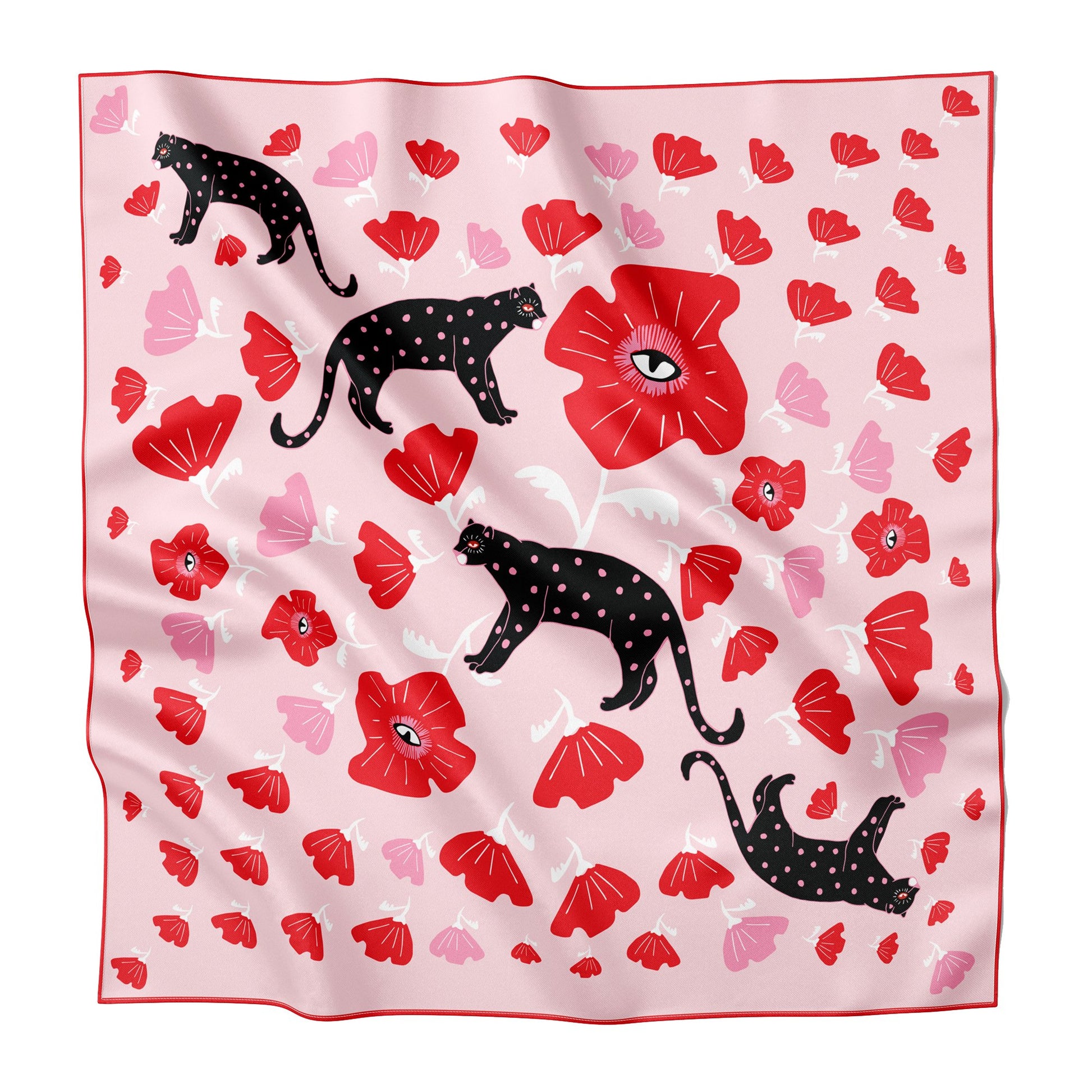 A pink silk bandana with black leopards and red flowers.