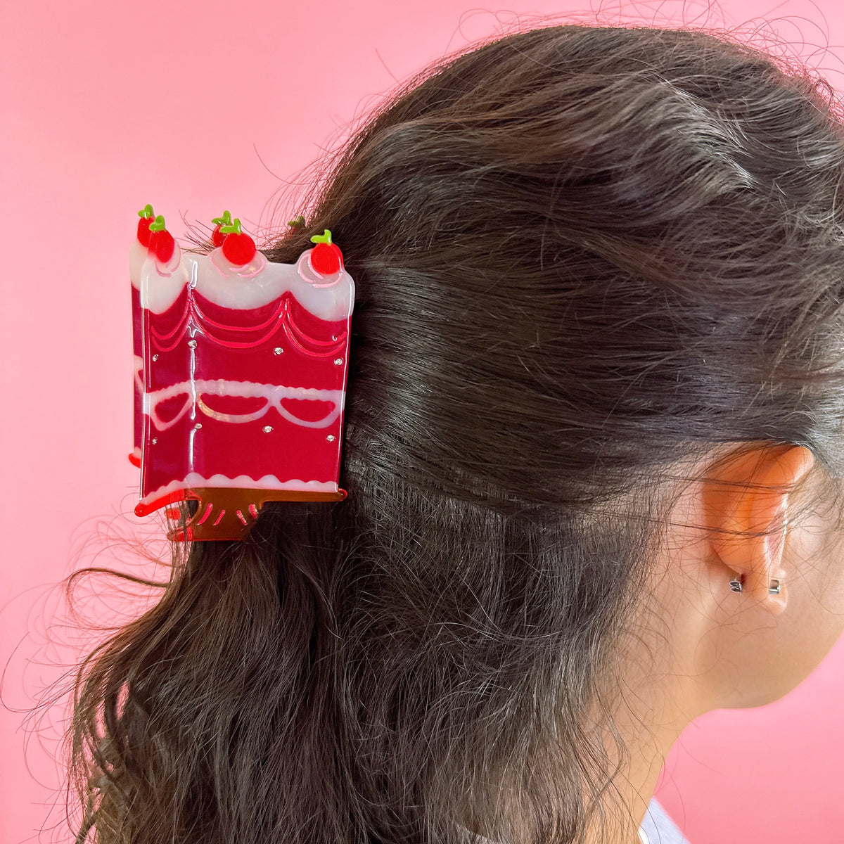 red velvet cake hair claw on a half hair do curly hair