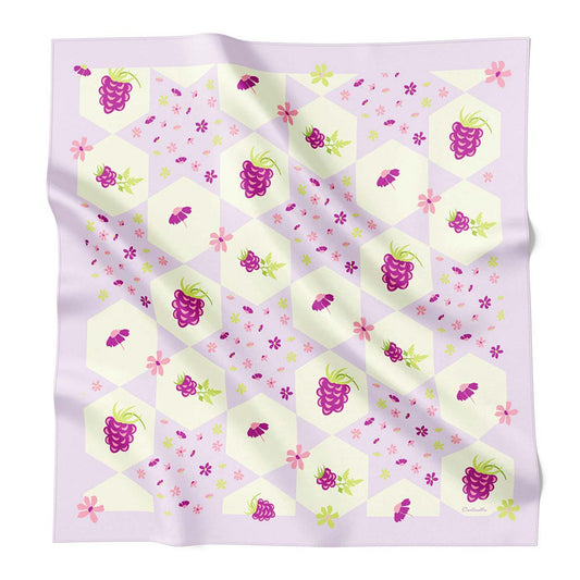 A medium sized lavender silk scarf with raspberries on it.