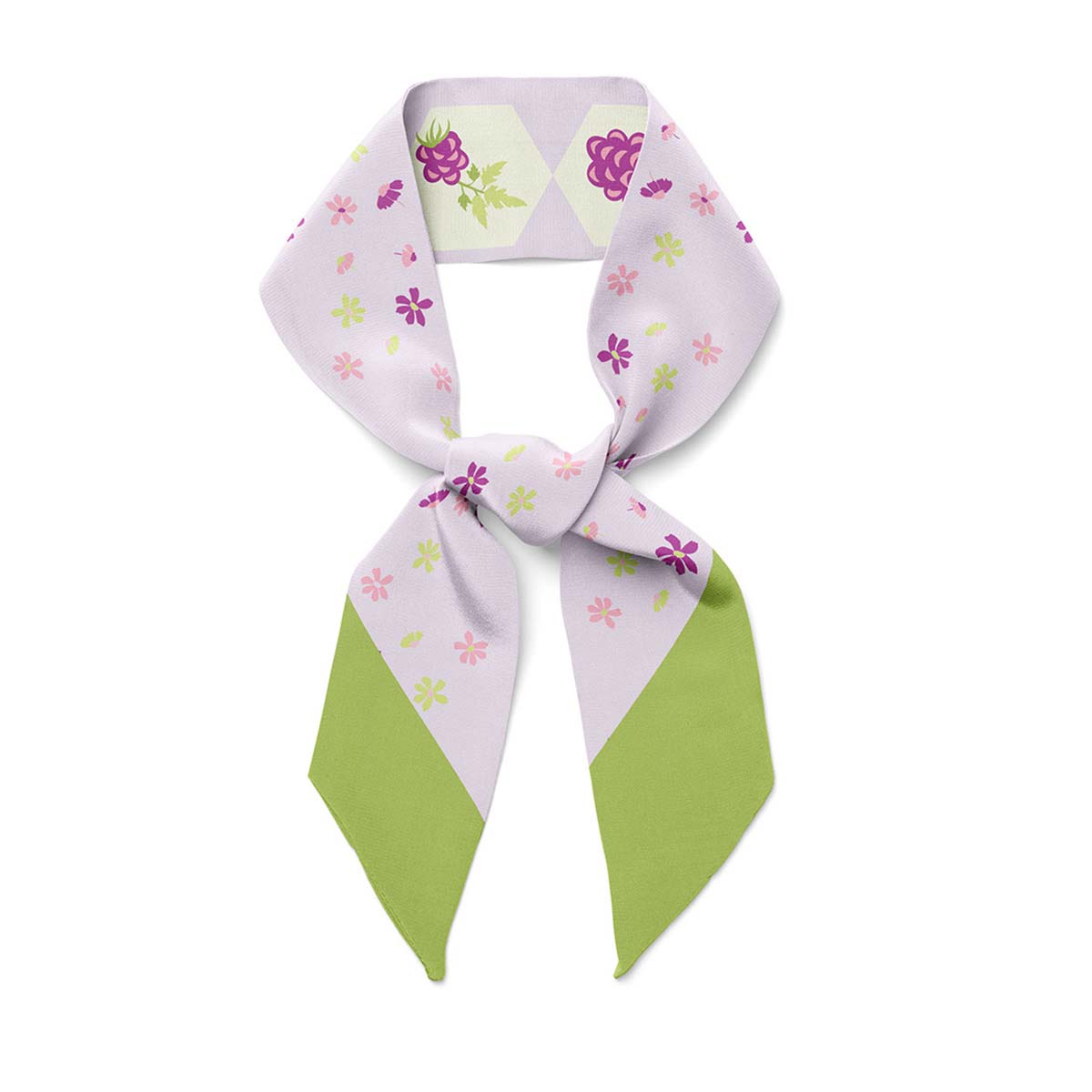 Lavender and green silk twill scarf with raspberries.