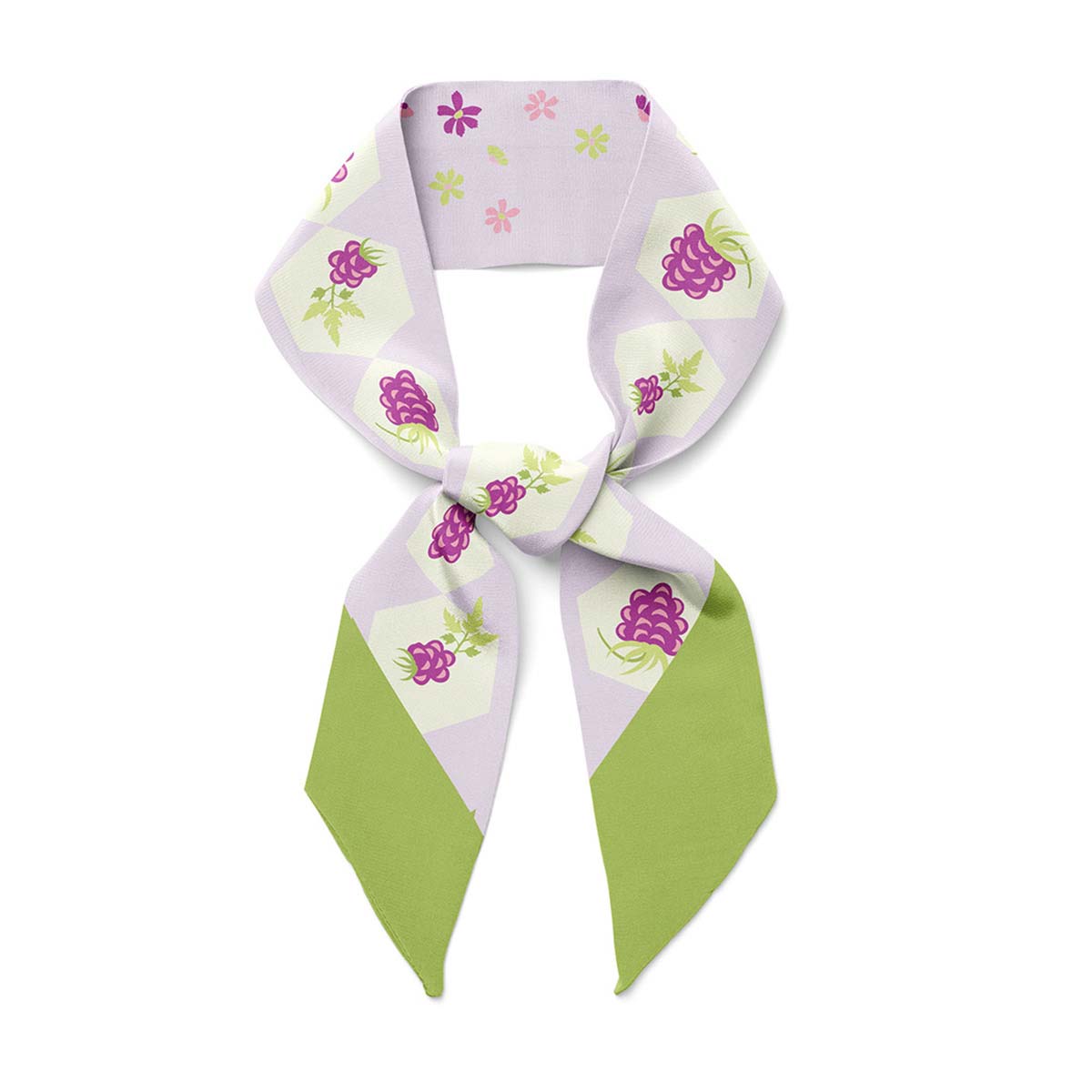 Lavender silk twill scarf with raspberries.