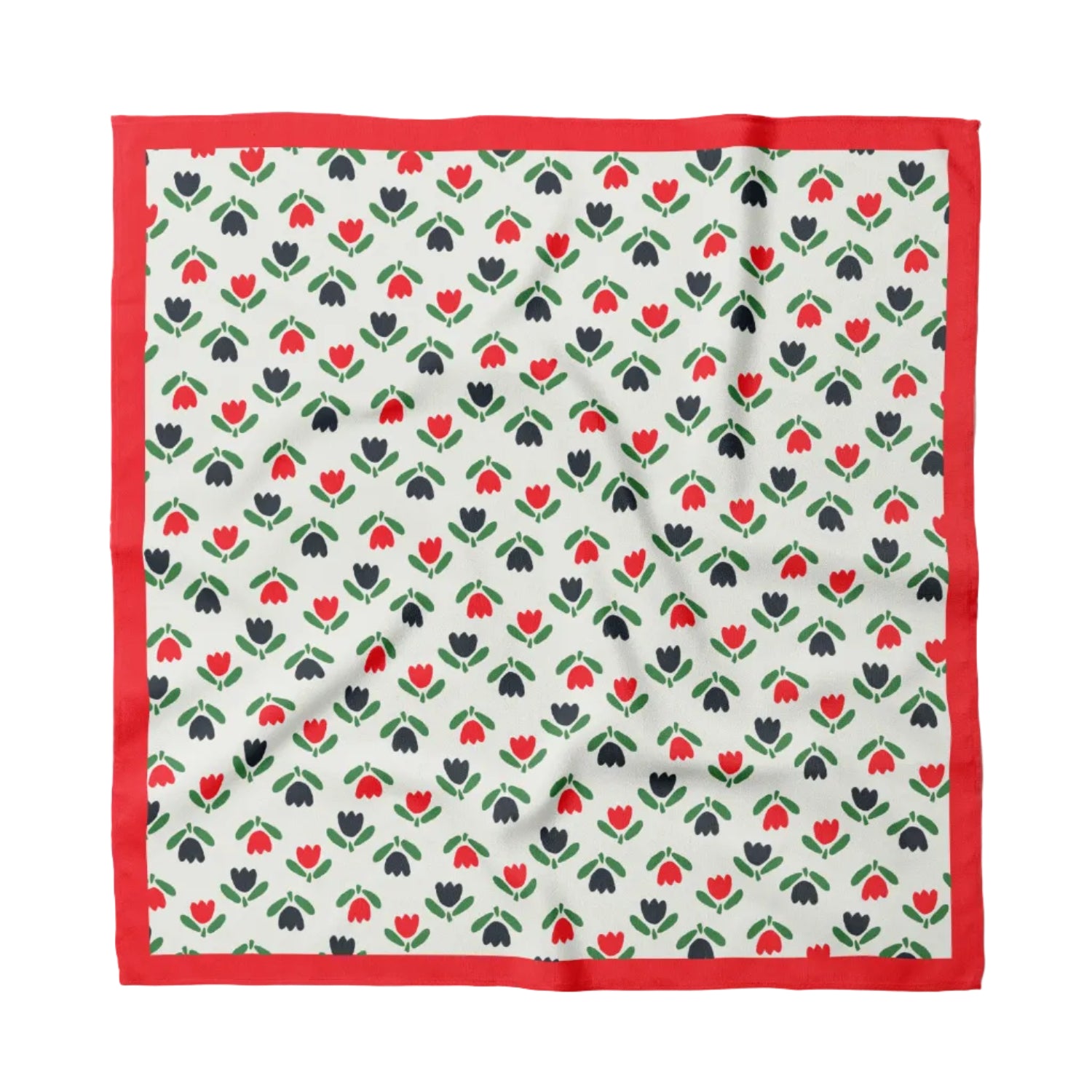 red and black tulip pattern bandana on white background