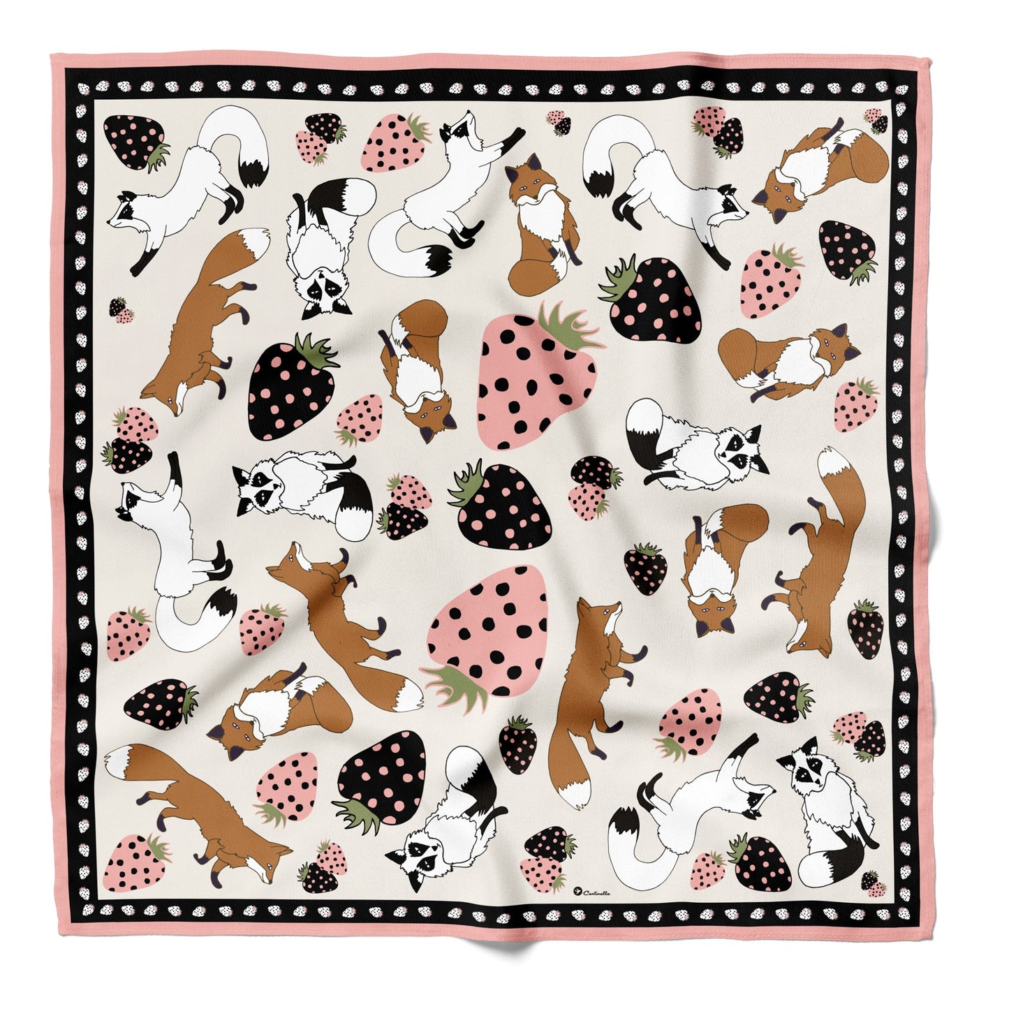 A nude and black cotton silk blend bandana with black and pink strawberries with a pink border.