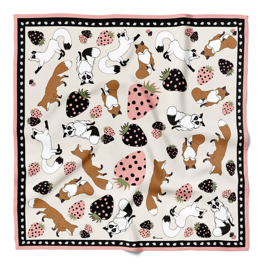 A silk scarf with black and pink strawberries with a pink border.