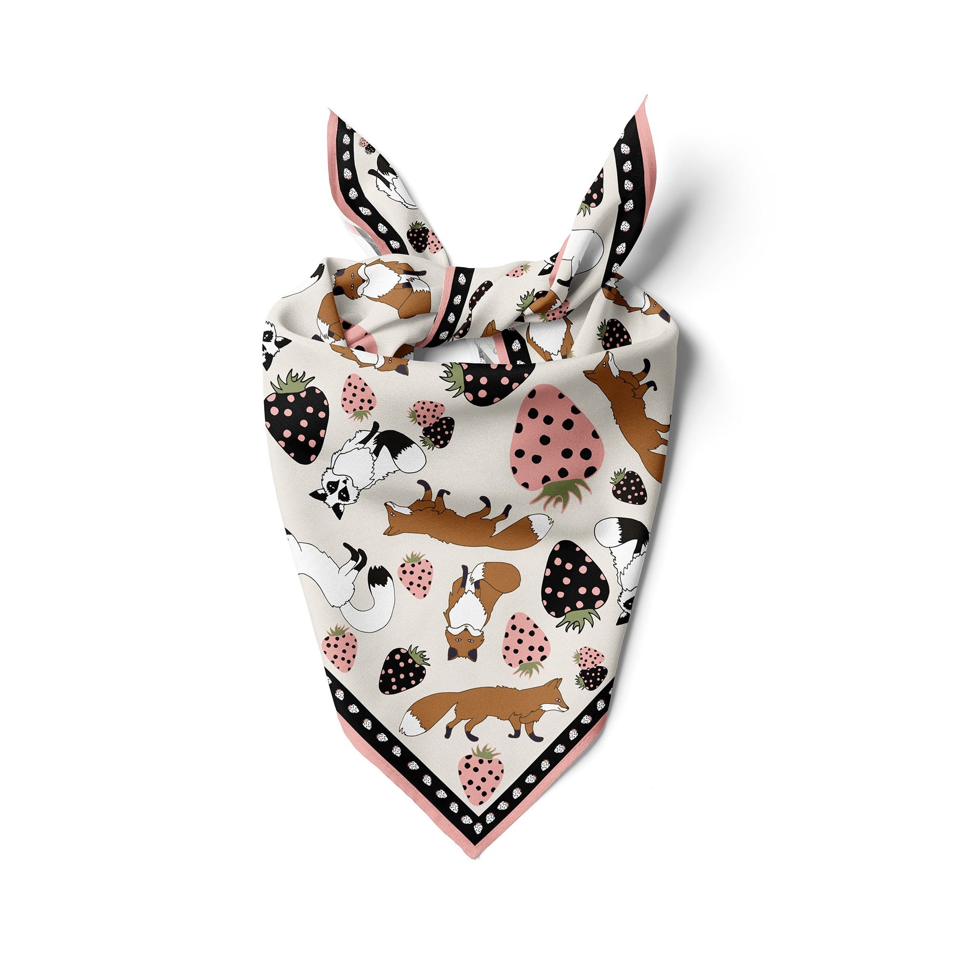 Tied cotton silk blend  bandana with strawberries and foxes.