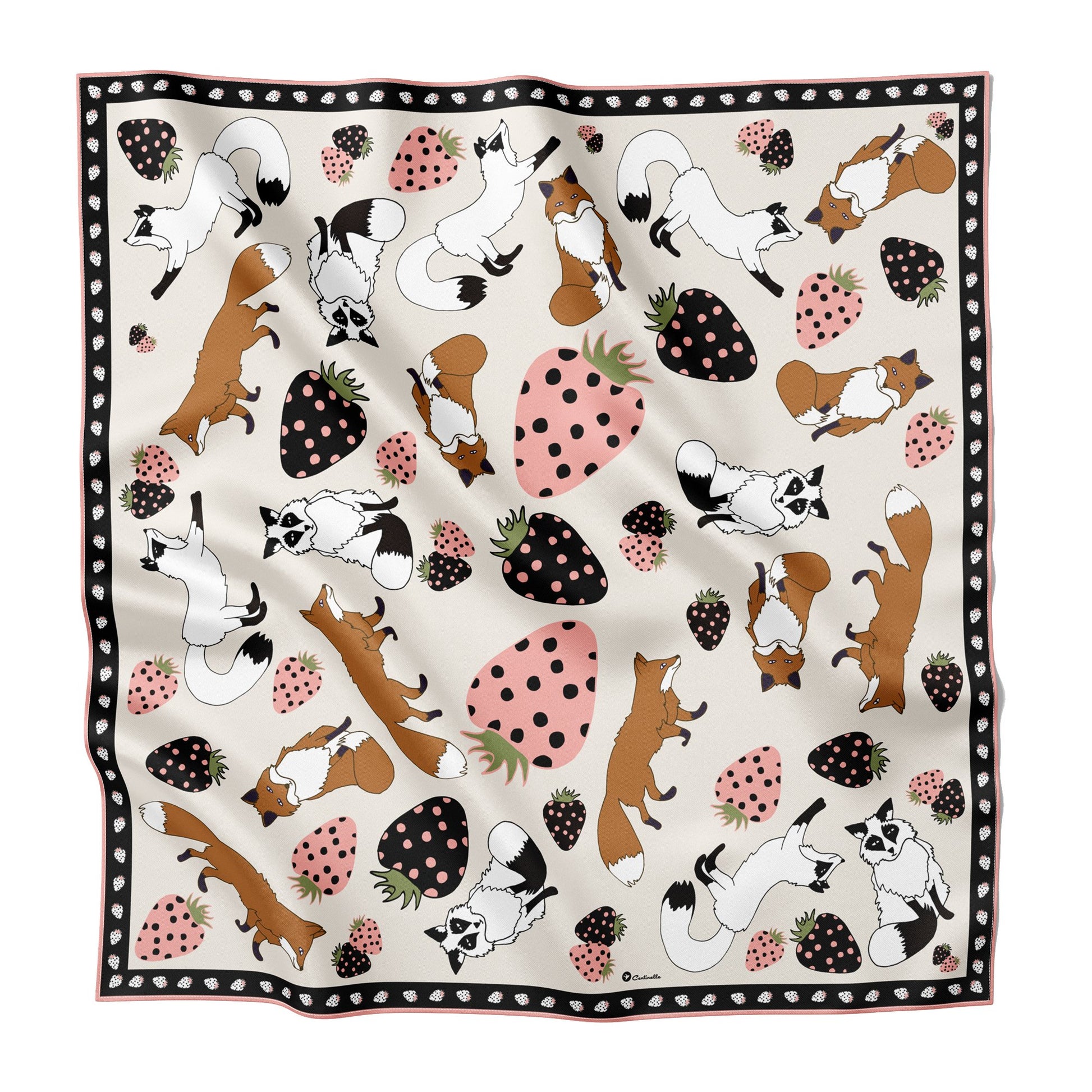 Strawberries and foxes on silk bandana size large.