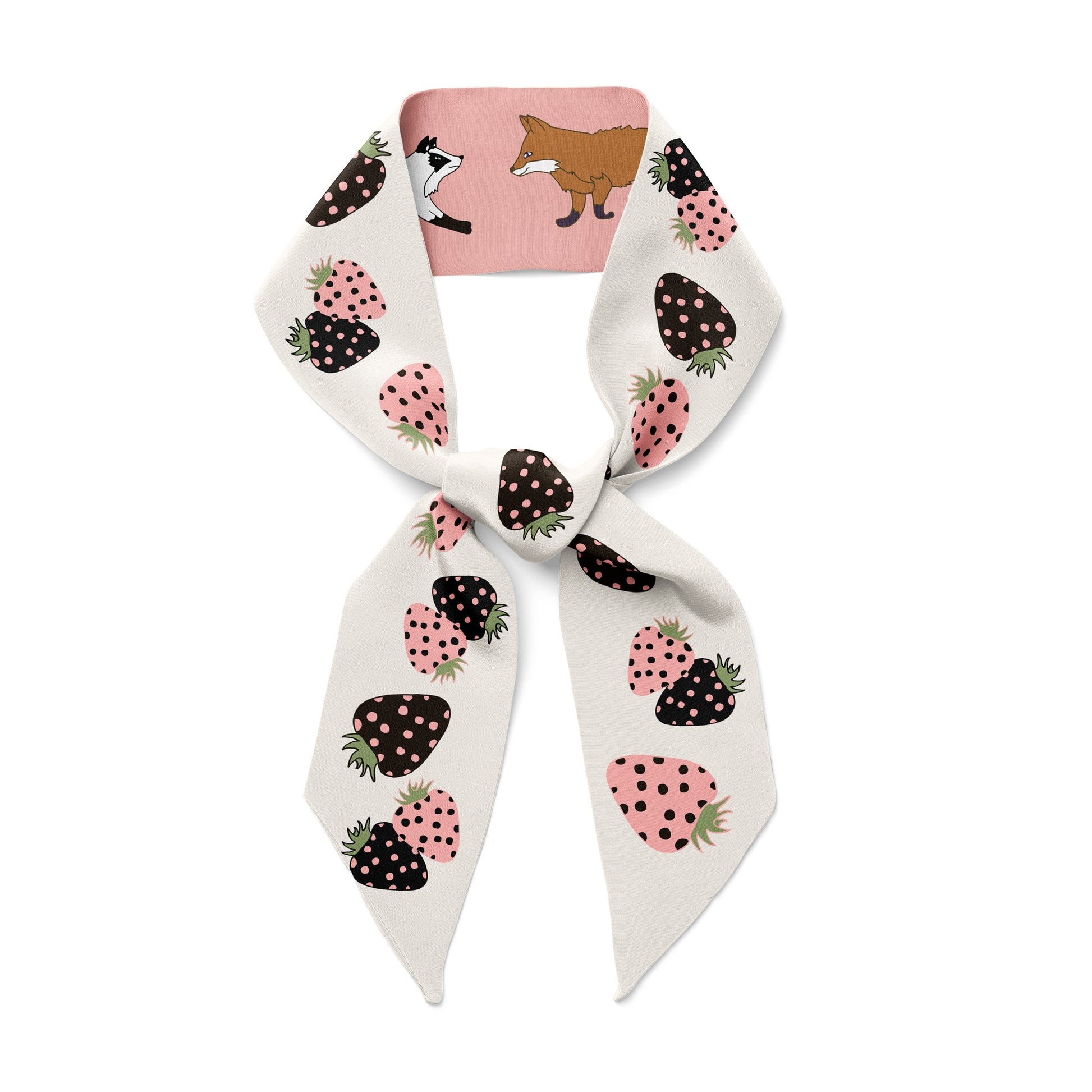 Black and pink strawberries on white twilly bow ribbon silk scarf with foxes