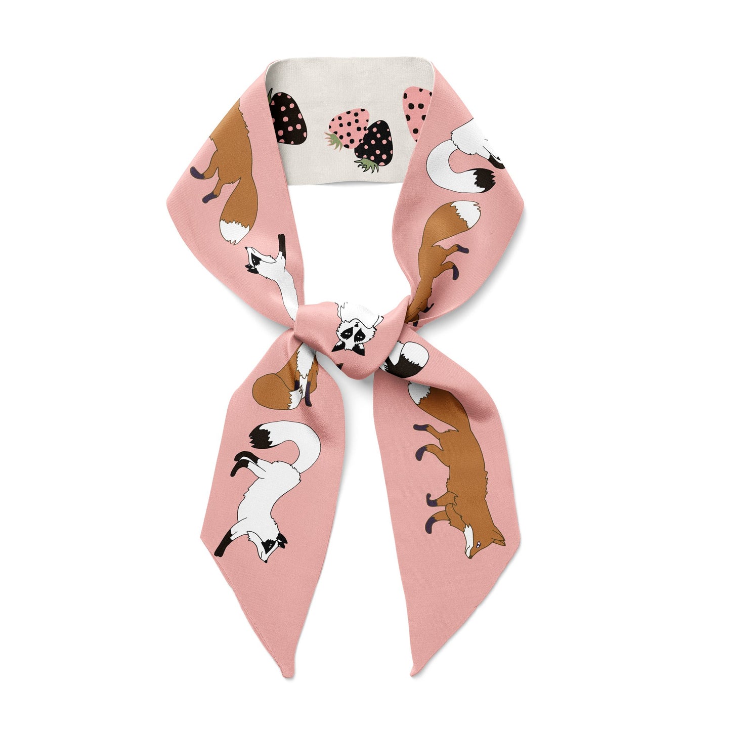 Foxes and strawberries on pink twilly bow ribbon silk scarf. 