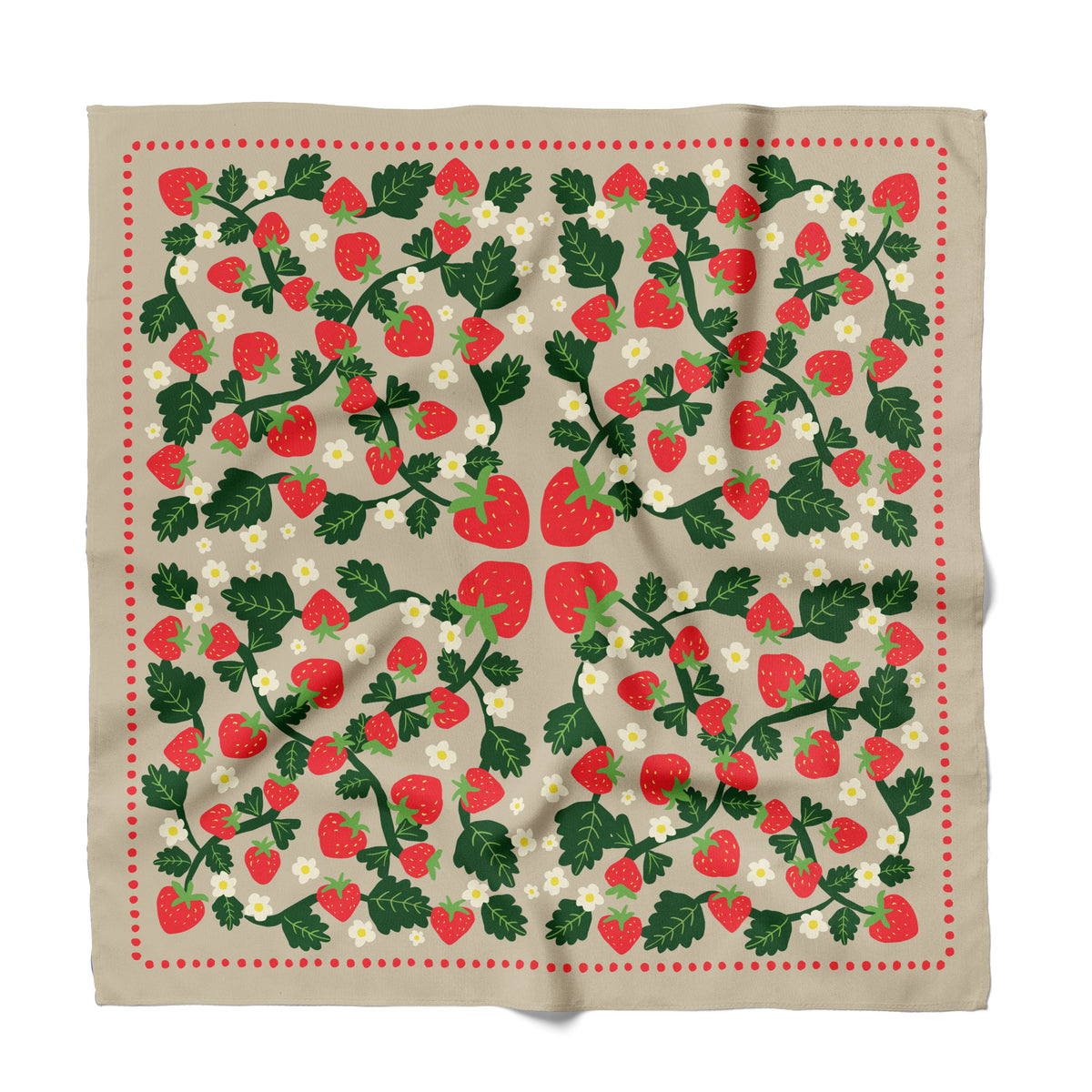 A square beige bandana featuring a symmetrical strawberry pattern with green leaves, red strawberries, small white flowers, and a red dotted border, displayed flat against a white background.