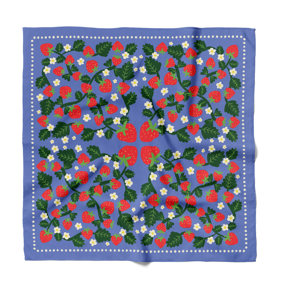 A square blue bandana cotton featuring a repeating pattern of red strawberries, green leaves, and small white flowers, bordered by white dots, shown flat against a white background.
