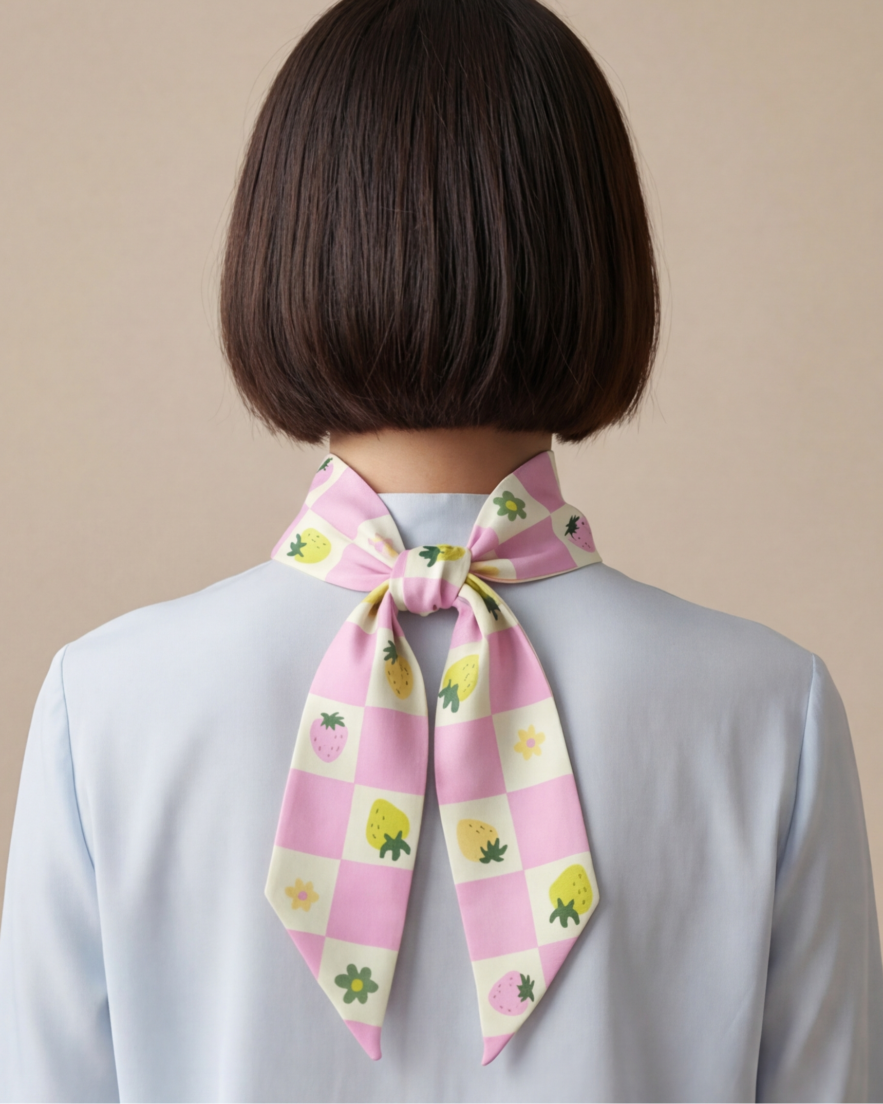 Person wearing a pink checkered scarf with strawberry patterns in yellow  on a beige background