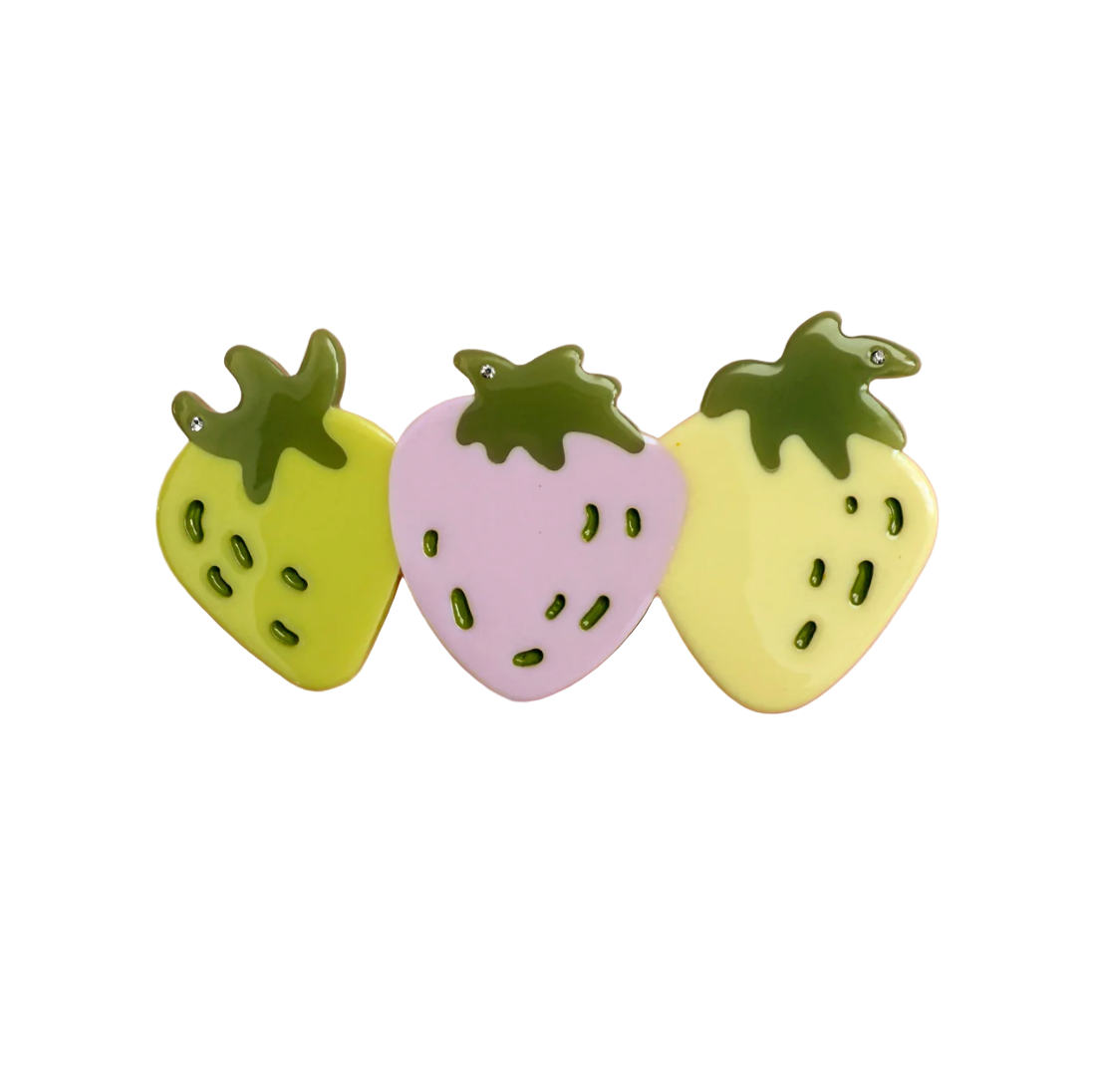 Three strawberry hair clip green, yellow, and pink from centinelle
