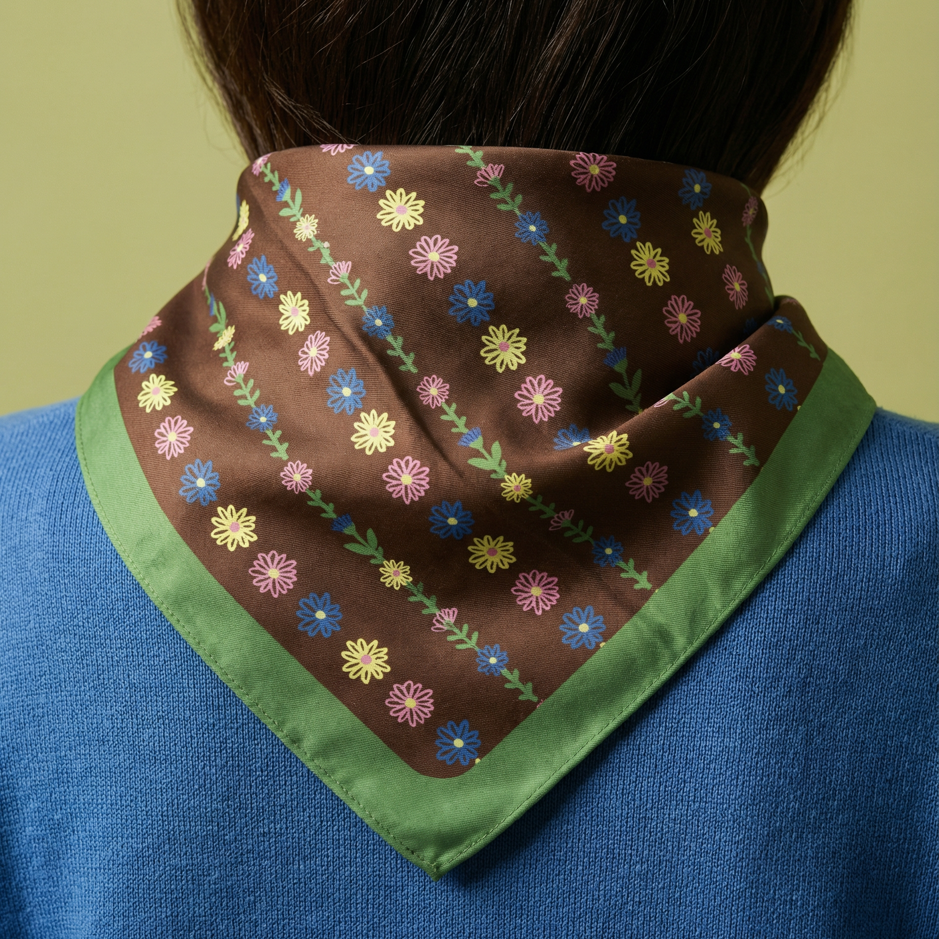 woman wearing on neck a Floral  with yellow, blue and gree, cotton silk bandana patterned fabric on a green border with a brown background.