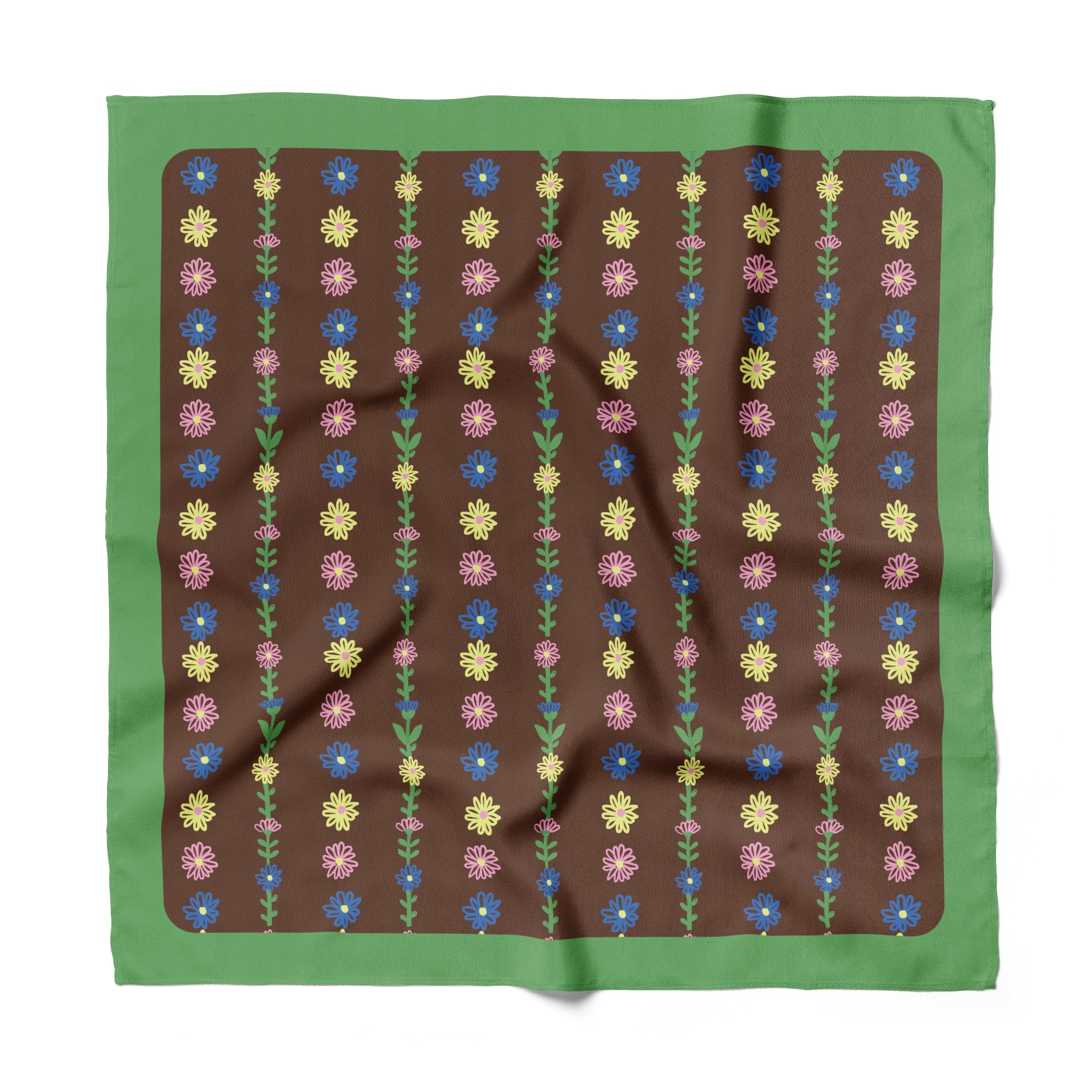 Floral  patterned cotton silk bandana with yellow, blue and green, flowers, with a green border with a brown background