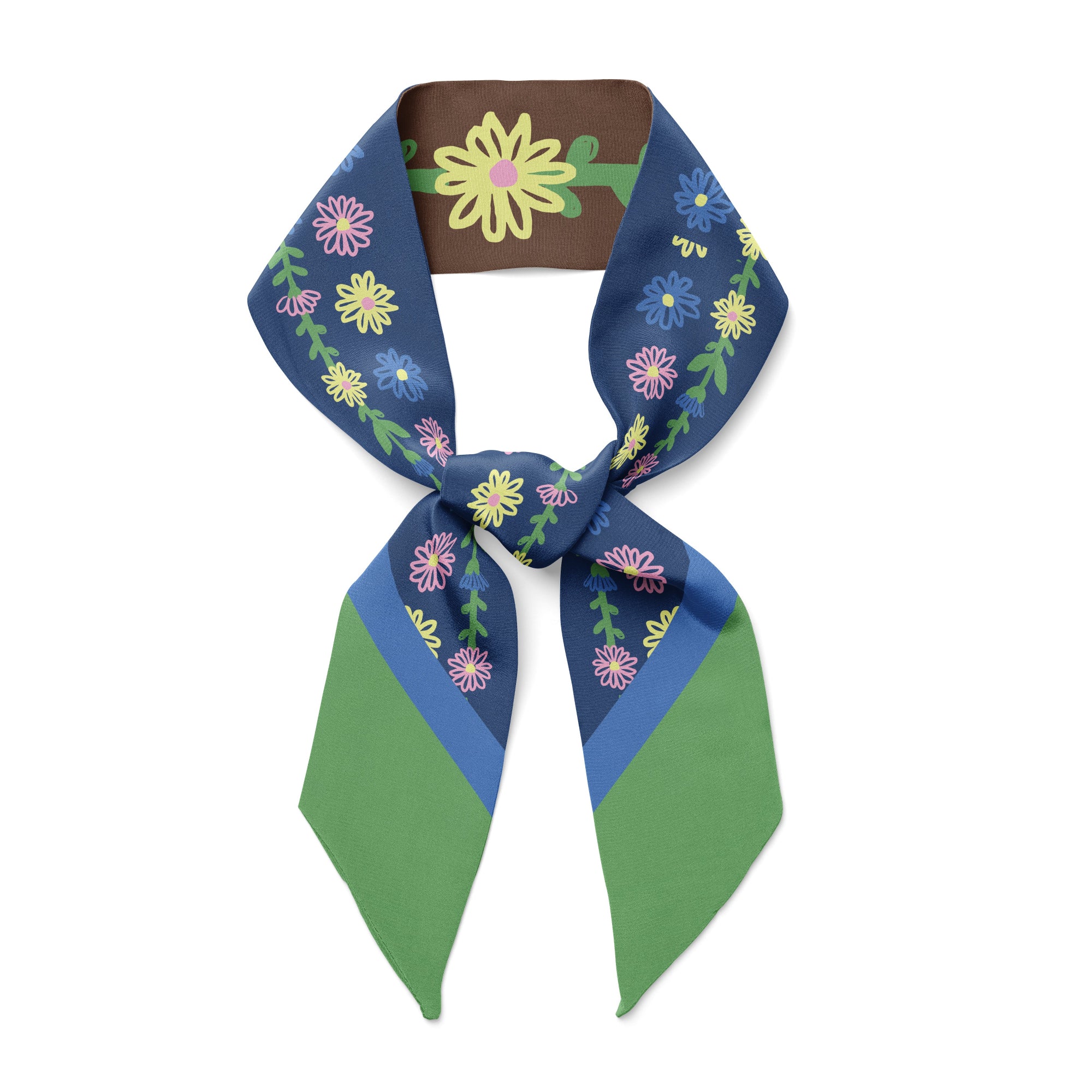 Colorful floral-patterned twilly silk scarf  on blue, brown, green, pink and yellow from Centinelle on a white background