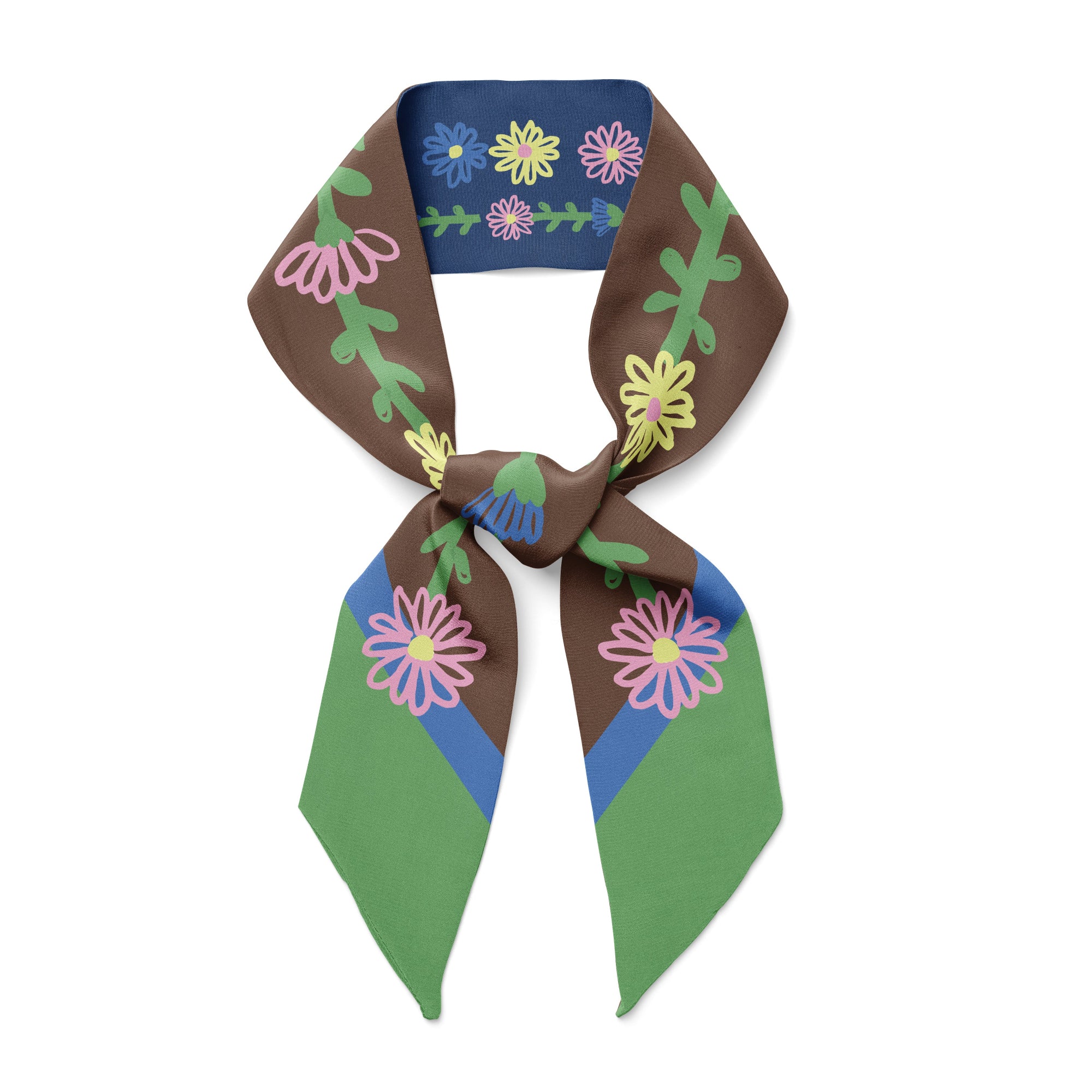 Colorful floral-patterned twilly silk scarf  on blue, brown, green, pink and yellow from Centinelle on a white background