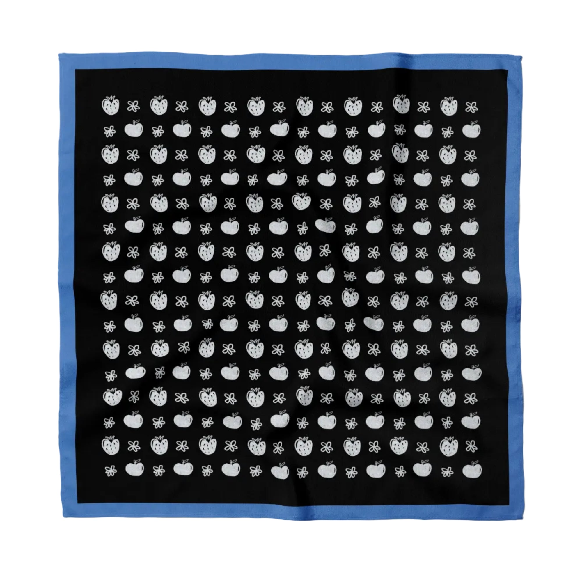Black bandana with white apples, strawberries and flowers pattern on a white background