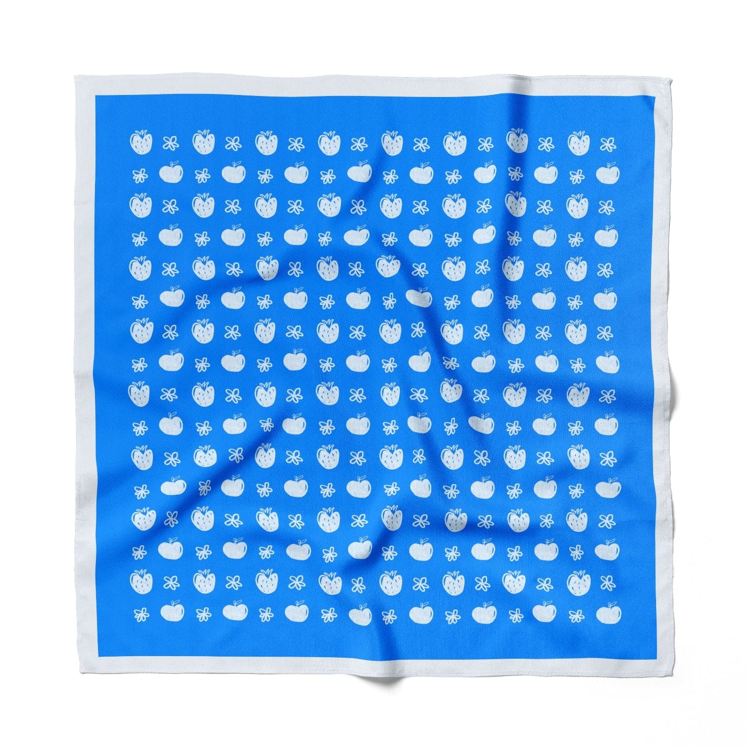 Blue square scarf with white apples and strawberries pattern on a white background