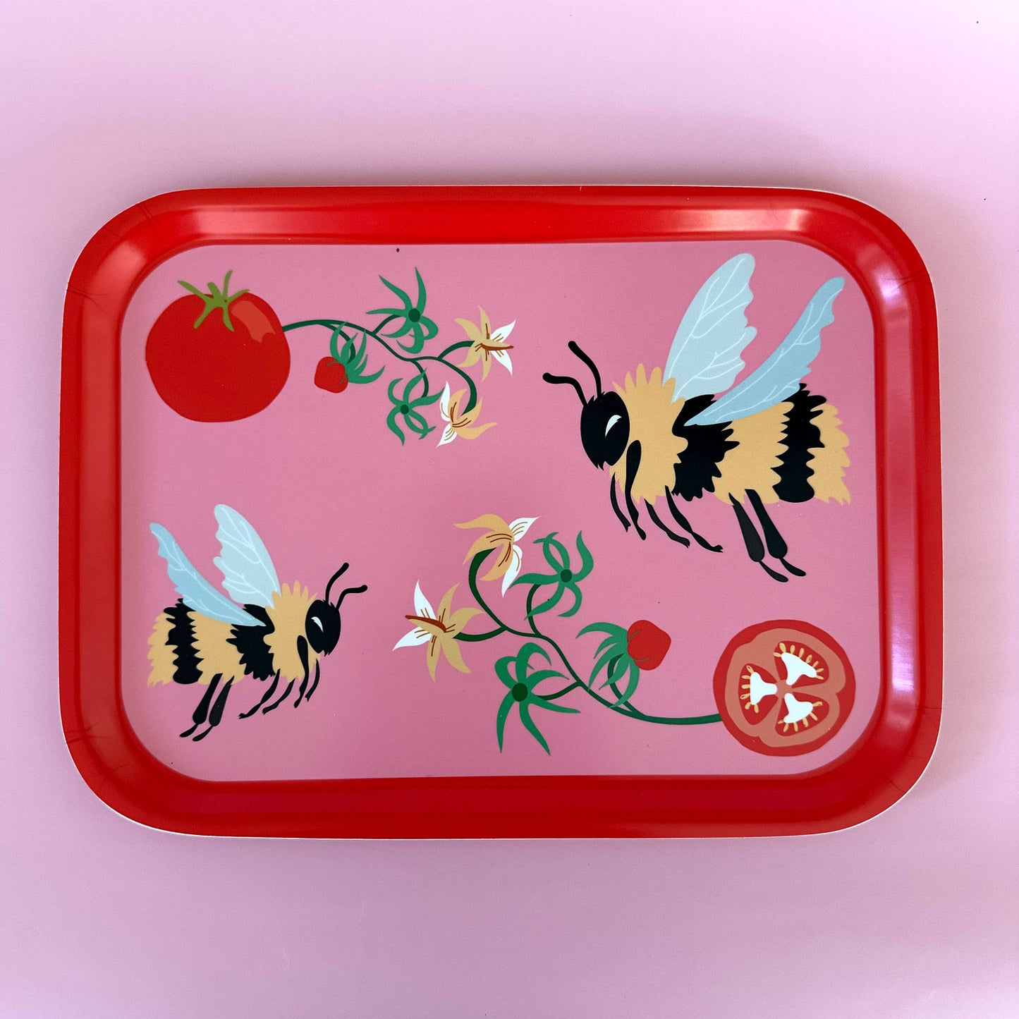 Beautiful tomatoes and bumble bees birch tray for snaks or organization