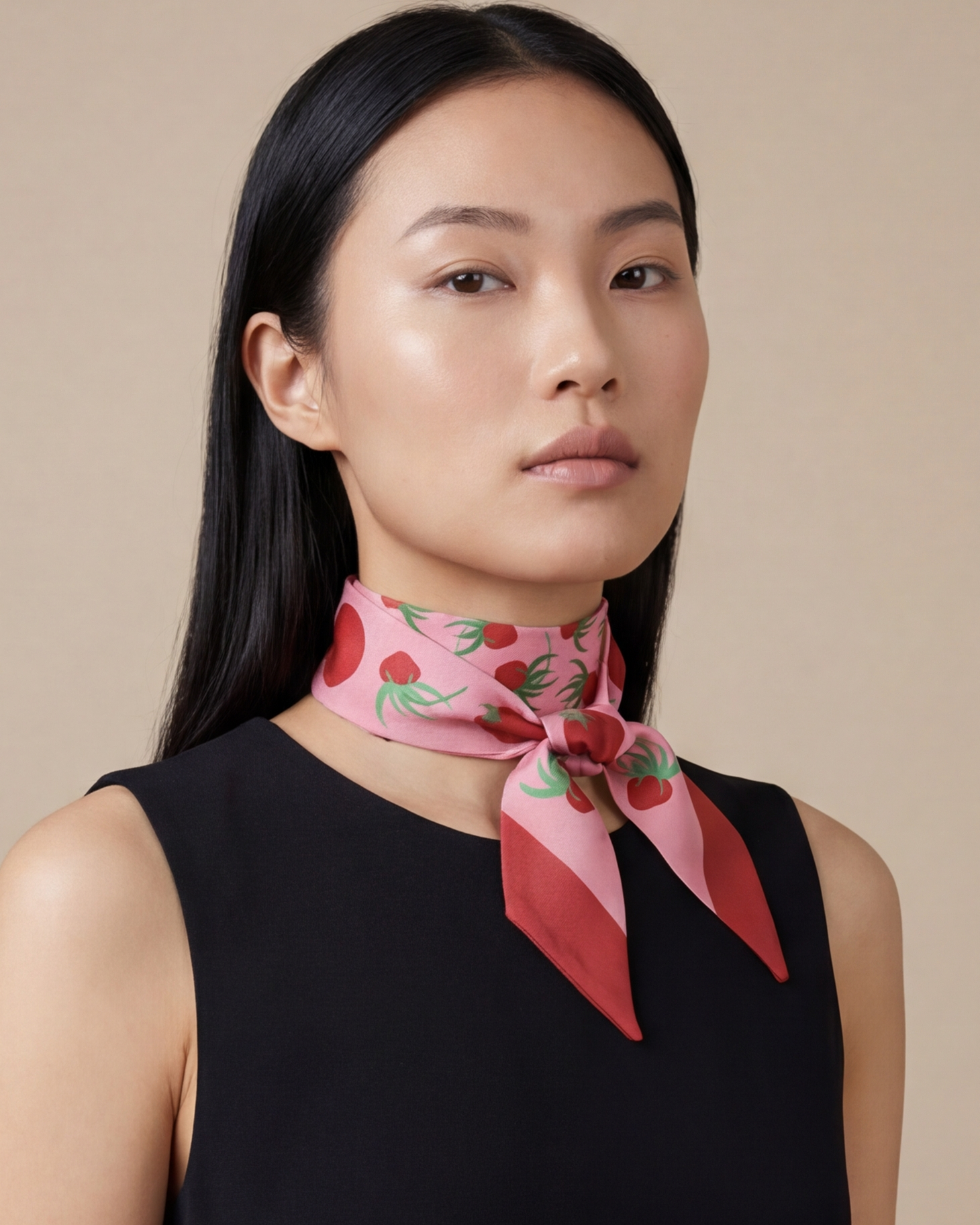 Woman wearing a pink scarf with tomatoes pattern around her neck against a beige background